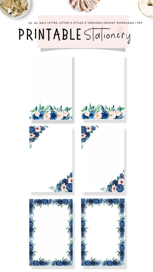 Blue Floral Printable Stationery