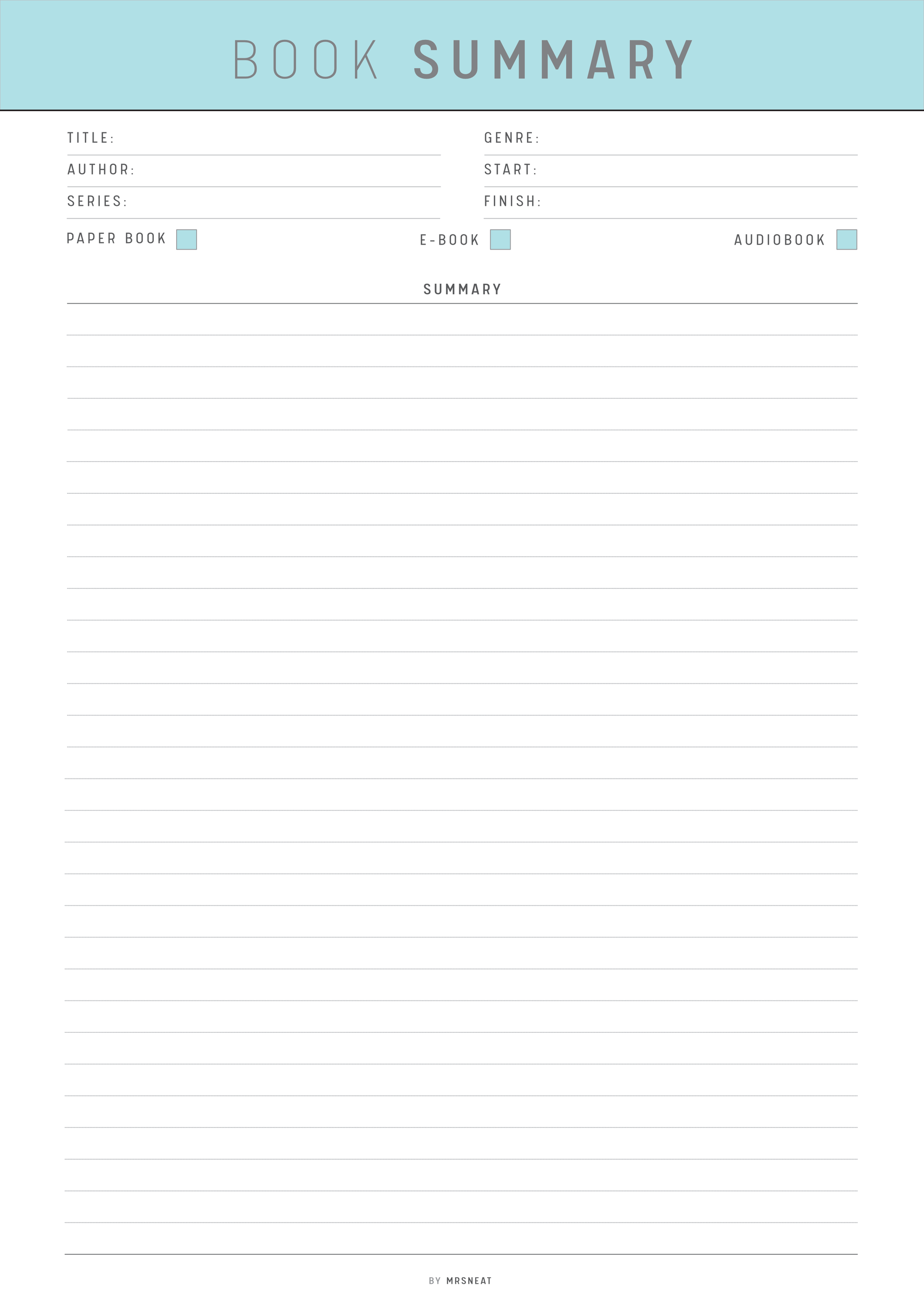 Blank book summary form with fields for title, author, genre, etc.