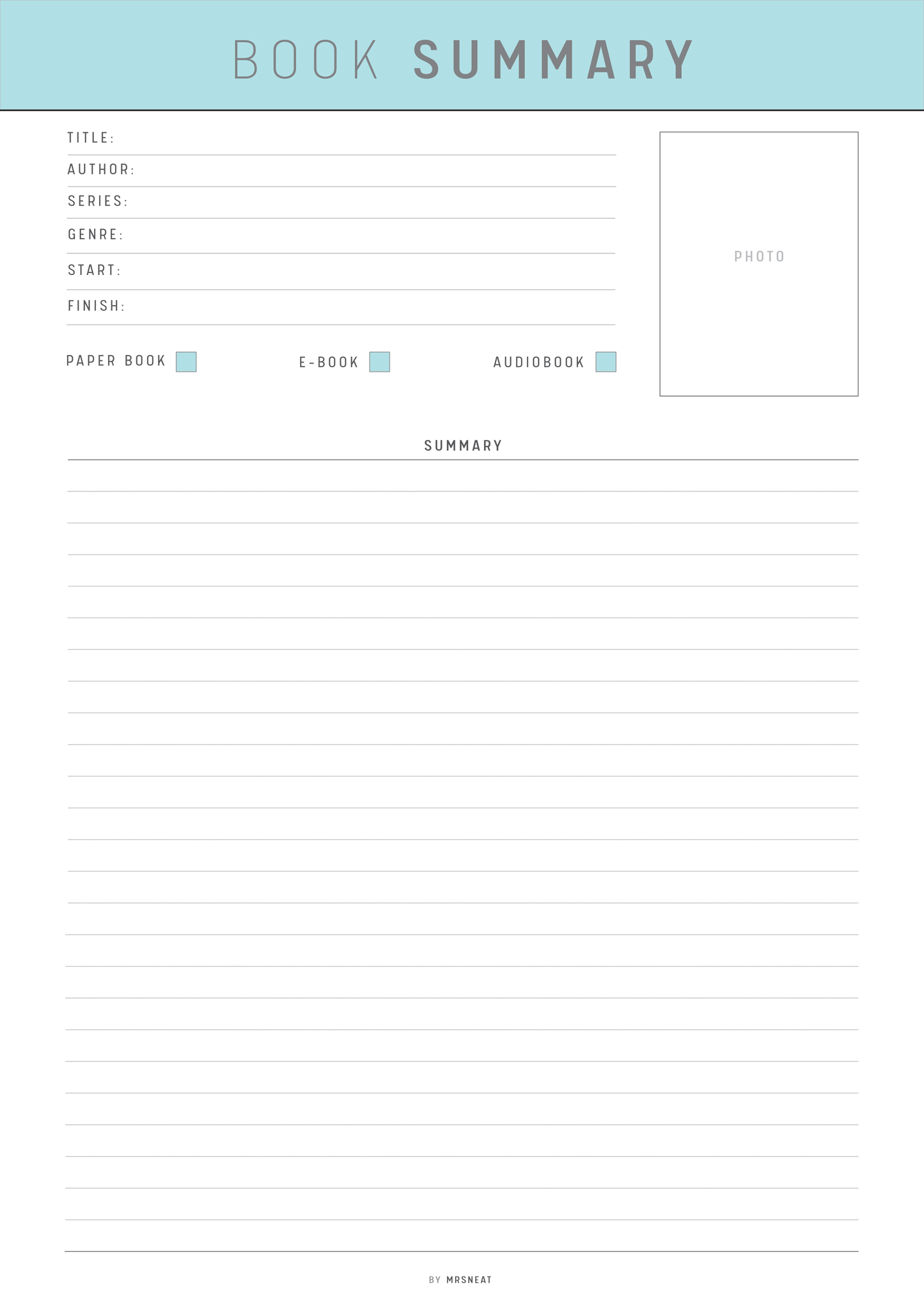 Blank book summary template with fields for title, author, series, genre, start, finish, paper book, e-book, and audiobook.