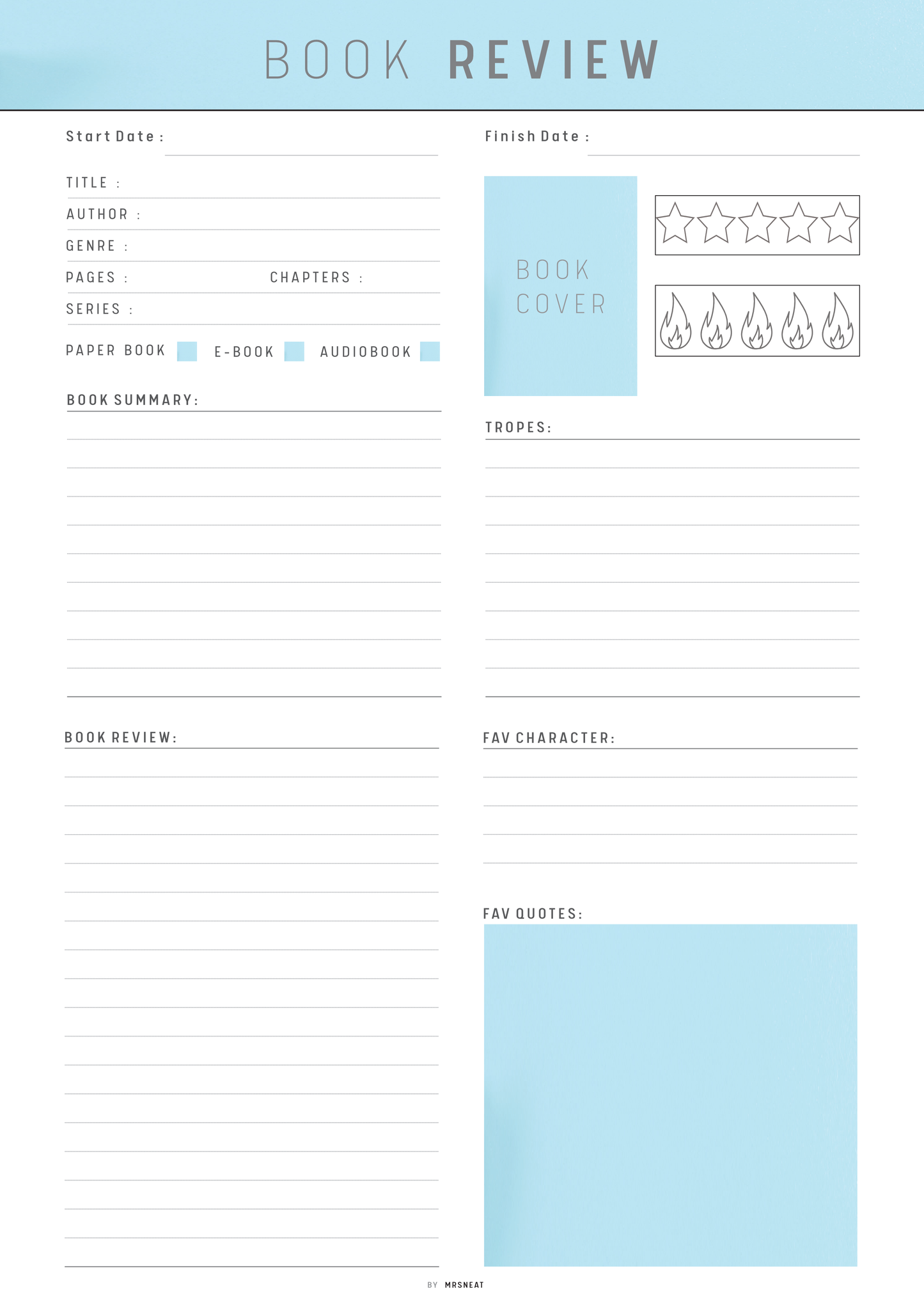 Book review form with fields for book details and summary on a light blue background
