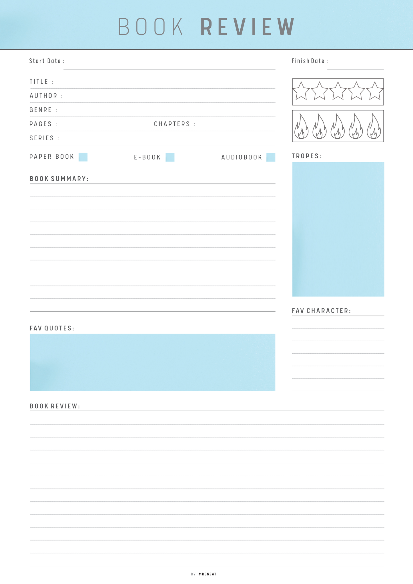 Book review form with various sections on a light blue background