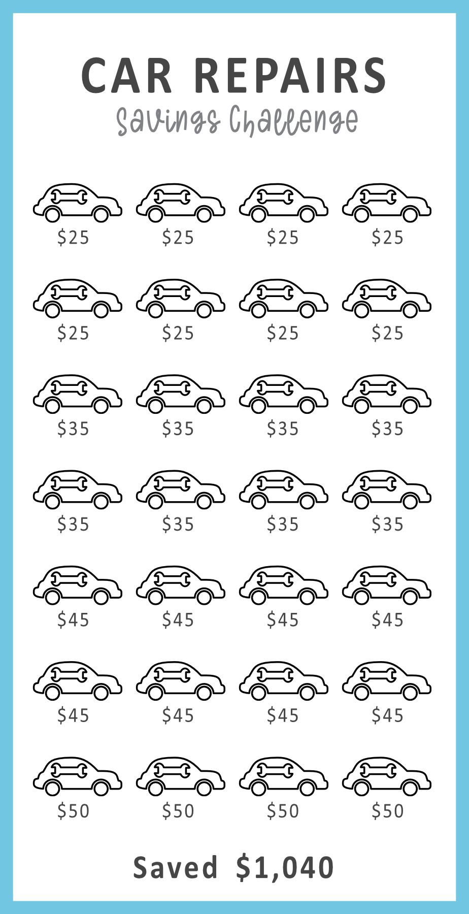 Car repairs savings challenge chart with illustrated cars and amounts saved.