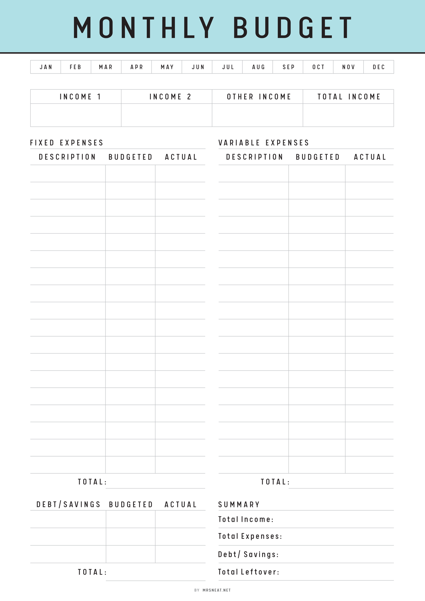 Monthly budget template with income and expense categories on a white background
