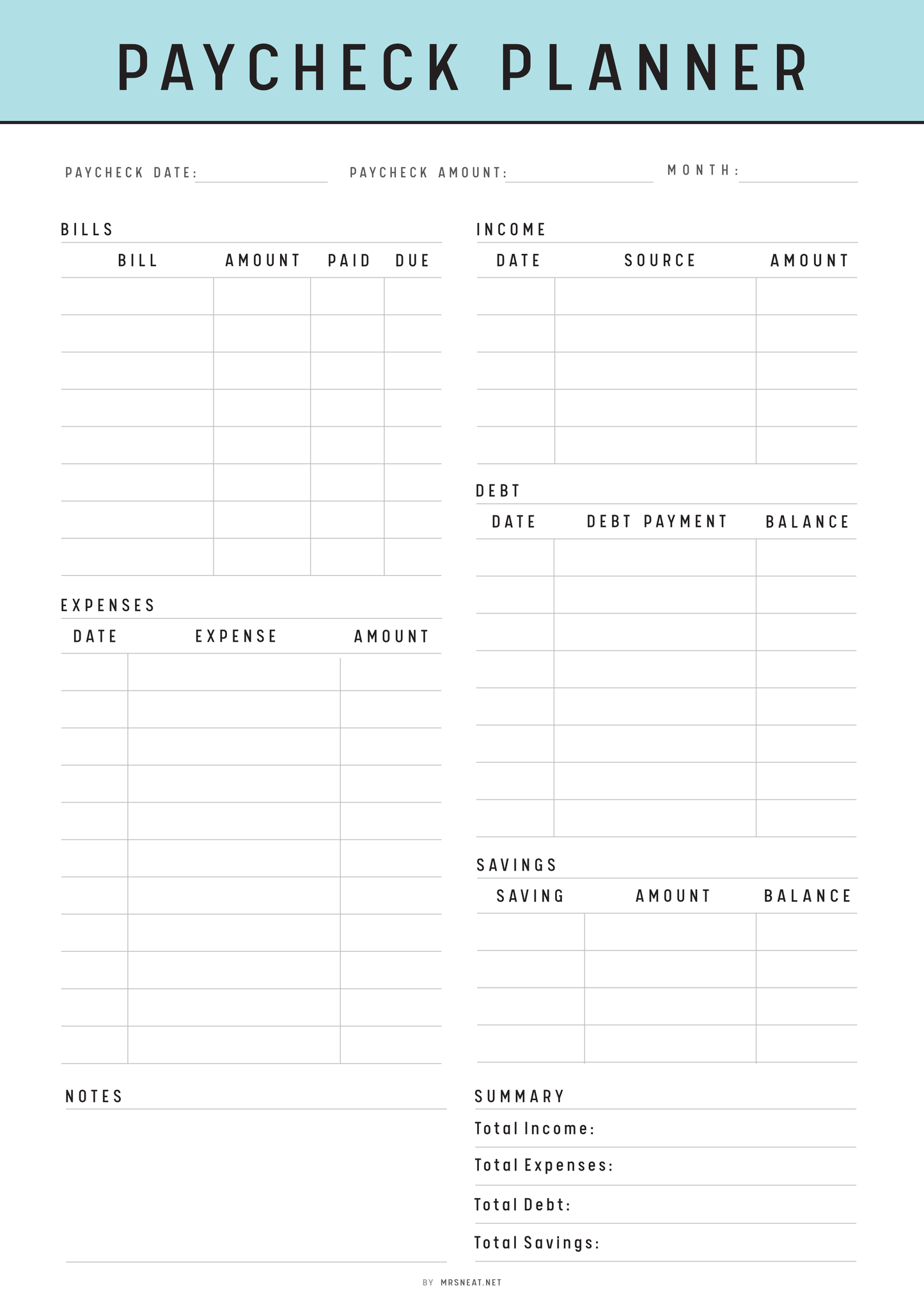 A4 Paycheck planner with columns for various financial information on a white background.