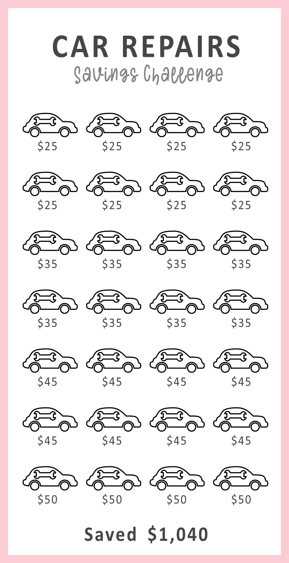 Car repairs savings challenge tracker with illustrated cars and amounts on a pink background