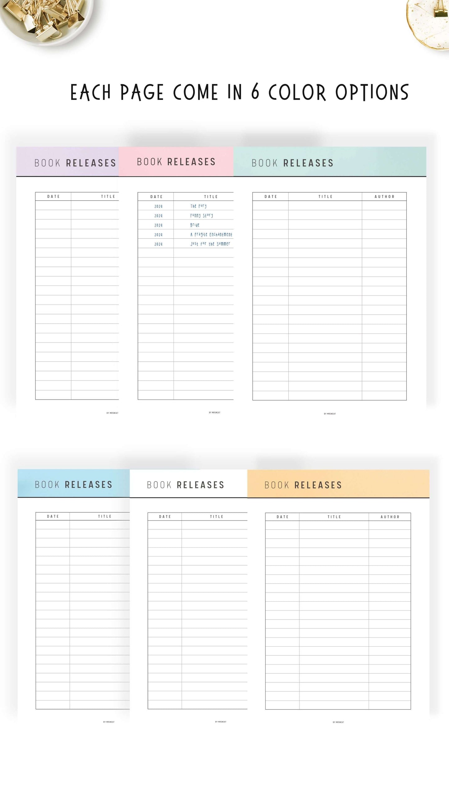 6 colors Upcoming Book Releases Template Printable