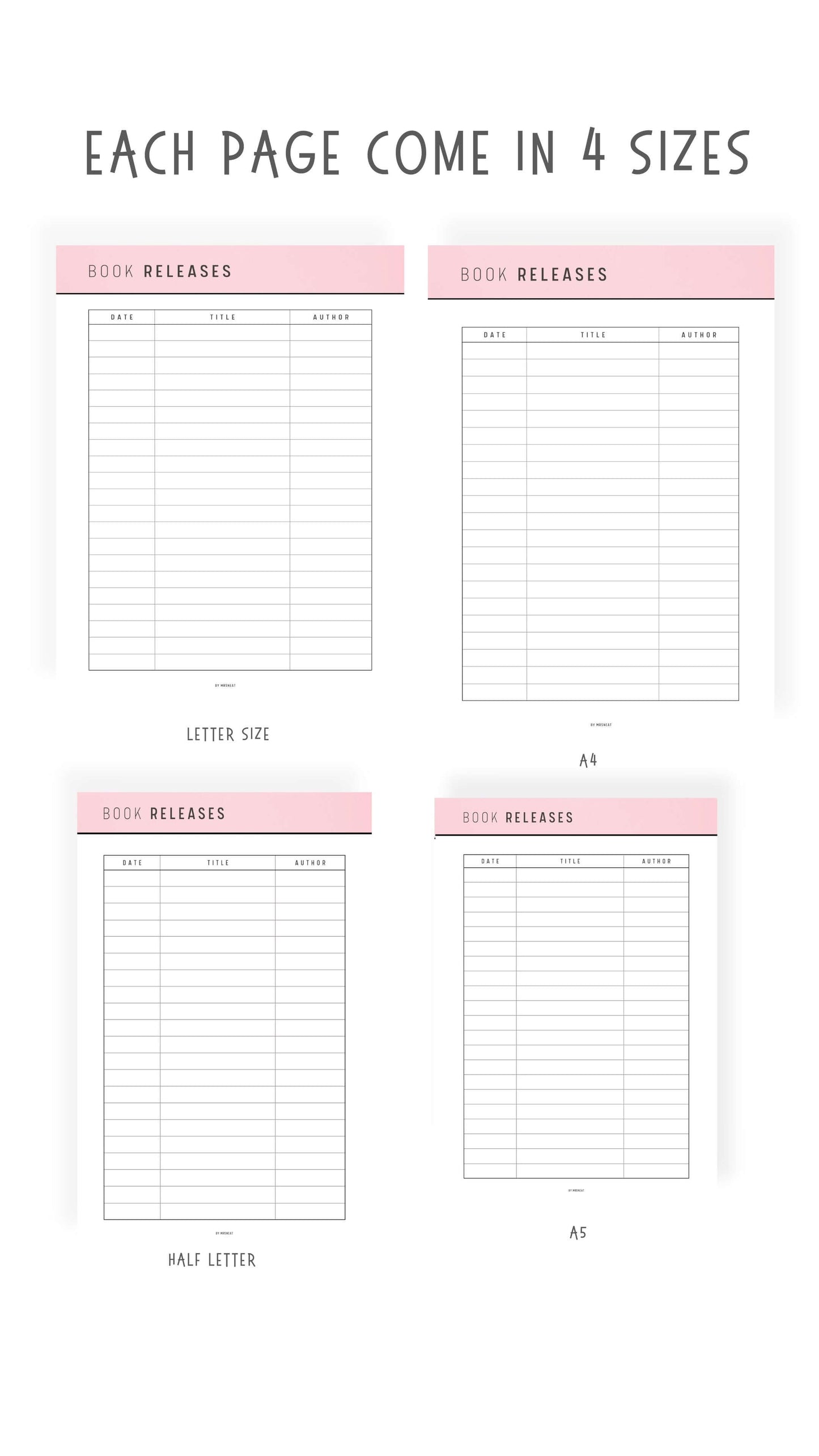 A4, A5, Letter, Half Letter Upcoming Book Releases Template Printable
