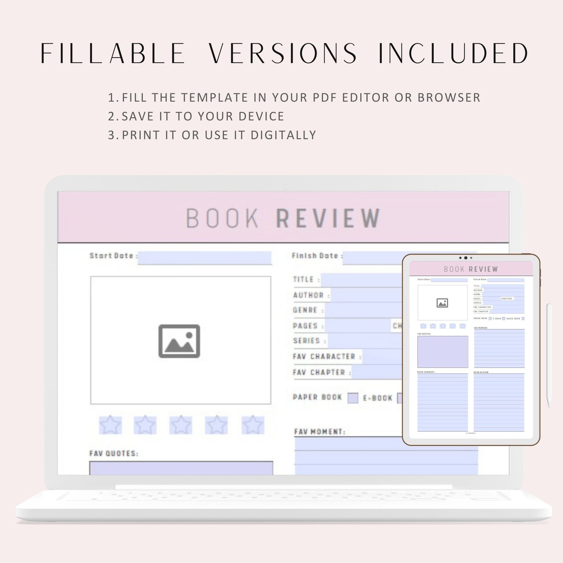 Book Review Template Printable, 2 versions, A4, A5, Letter, Half Letter, Blue, Green, Peach, Pink, White, Fillable PDF, Printable inserts