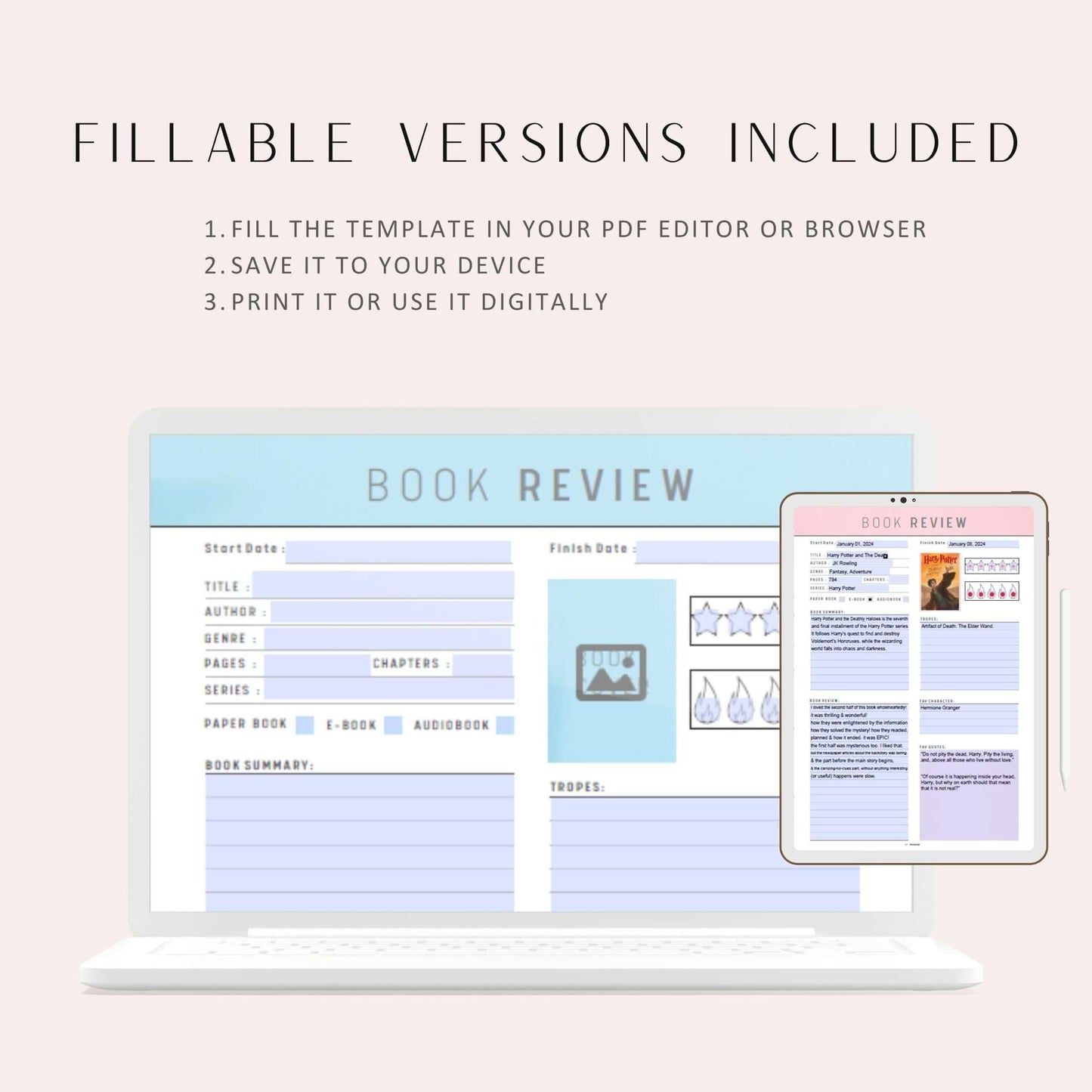 Book Review Template Printable, Digital Book Review Planner, A4, A5, Letter, Half Letter, 2 versions, 5 colors, fillable version included