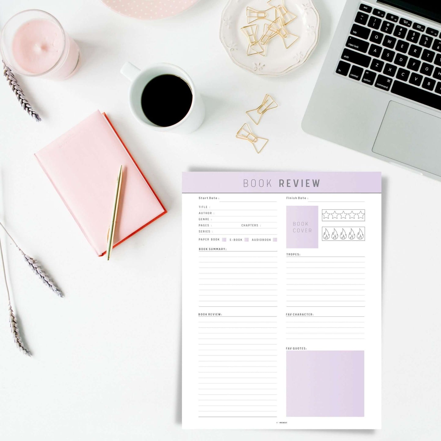 Book Review Template Printable, Digital Book Review Planner, A4, A5, Letter, Half Letter, 2 versions, 5 colors, fillable version included