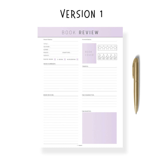 Book Review Template Printable, Digital Book Review Planner, A4, A5, Letter, Half Letter, 2 versions, 5 colors, fillable version included