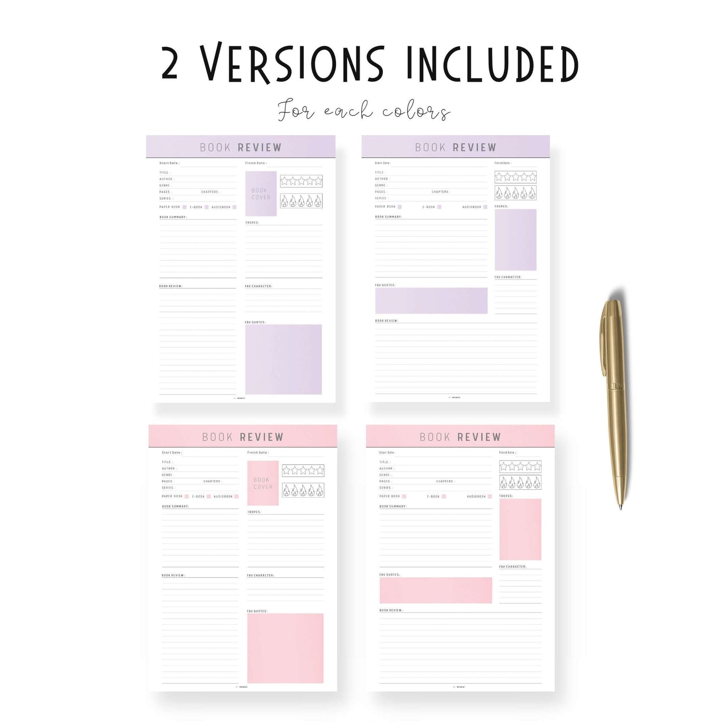 Book Review Template Printable, Digital Book Review Planner, A4, A5, Letter, Half Letter, 2 versions, 5 colors, fillable version included