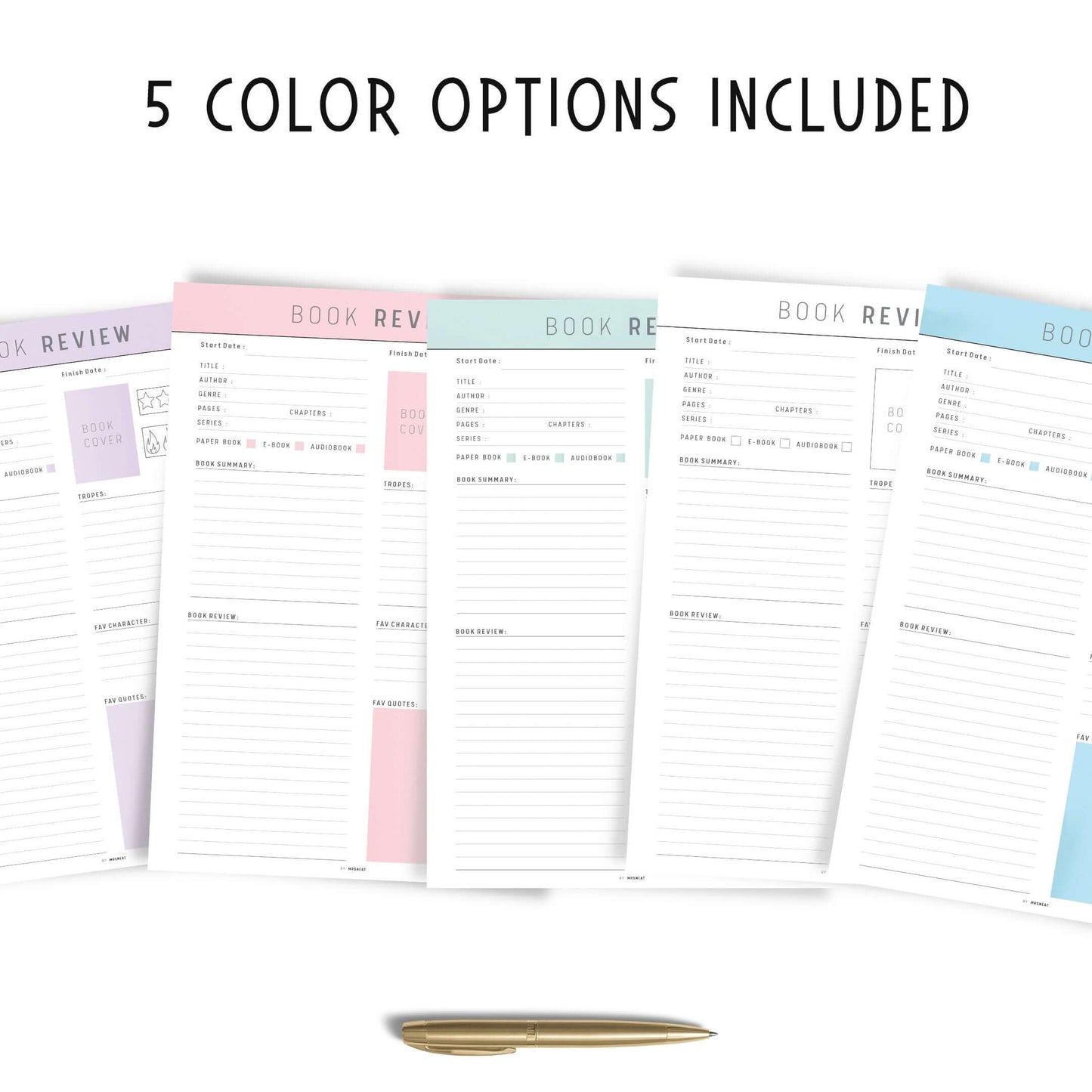 Book Review Template Printable, Digital Book Review Planner, A4, A5, Letter, Half Letter, 2 versions, 5 colors, fillable version included