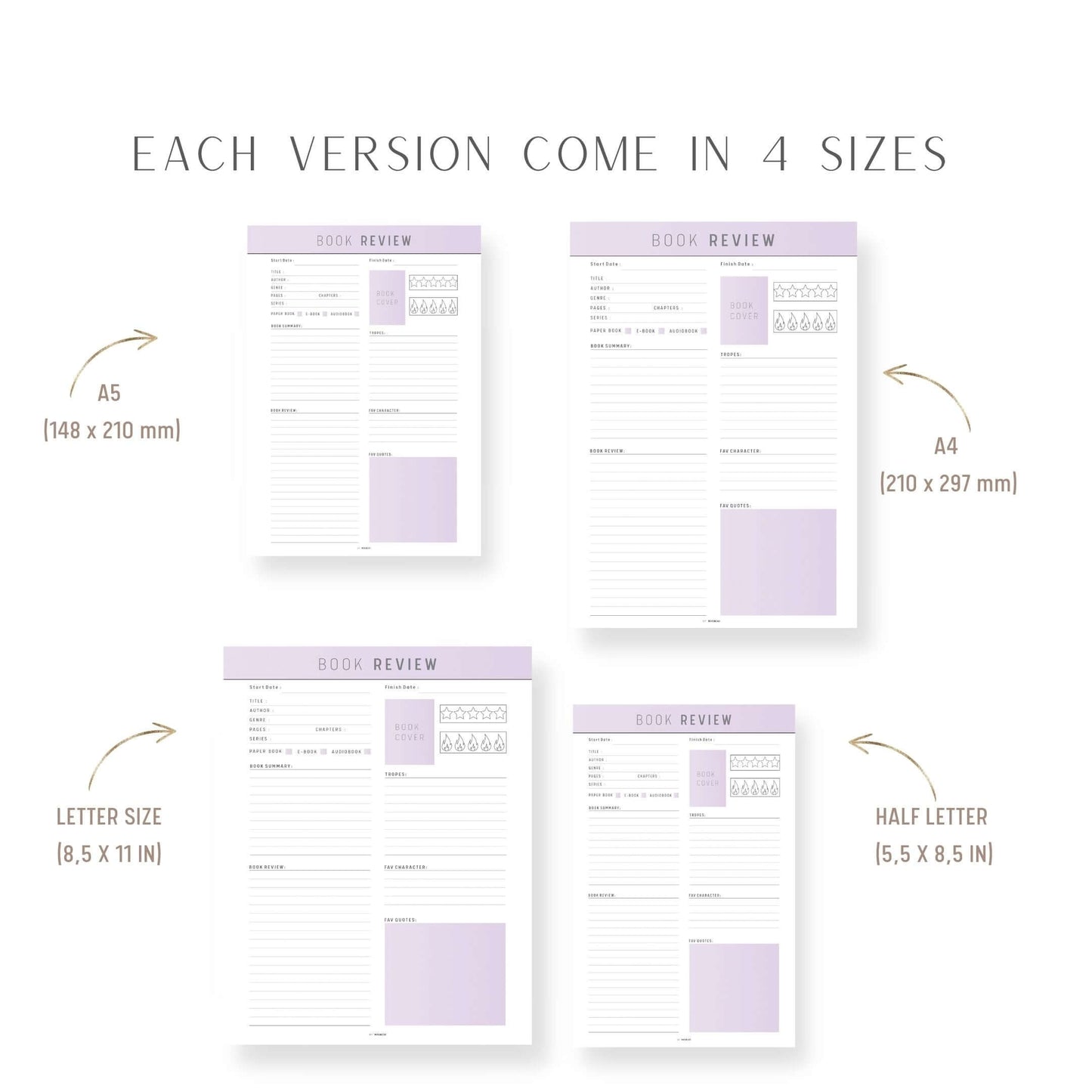 Book Review Template Printable, Digital Book Review Planner, A4, A5, Letter, Half Letter, 2 versions, 5 colors, fillable version included