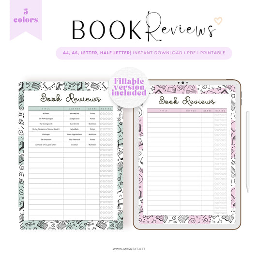 Rating Book List, Book Reviews Template Printable, 5 Colors, A4, A5, Letter, Half Letter, PDF Fillable, Digital Planner