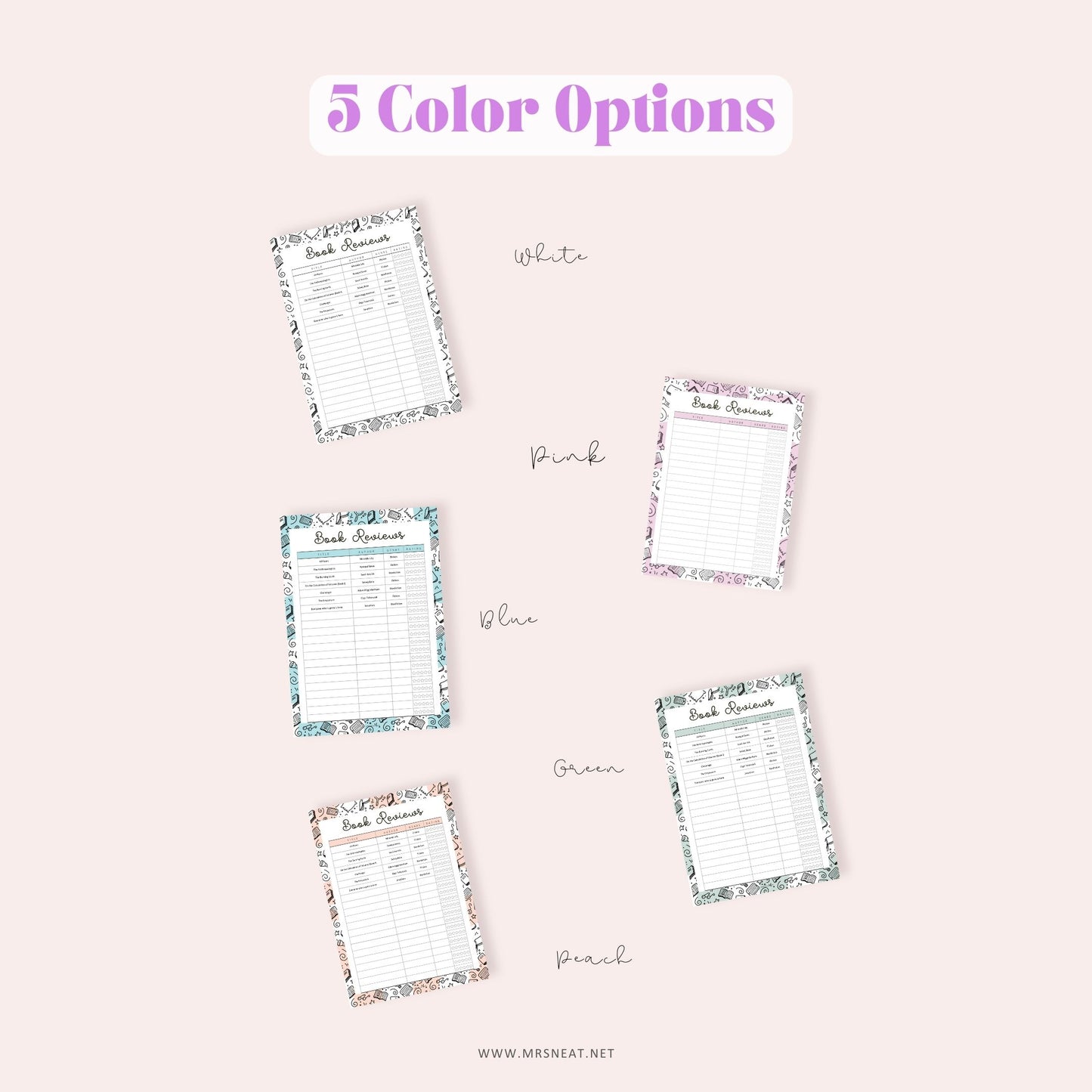 Rating Book List, Book Reviews Template Printable, 5 Colors, A4, A5, Letter, Half Letter, PDF Fillable, Digital Planner