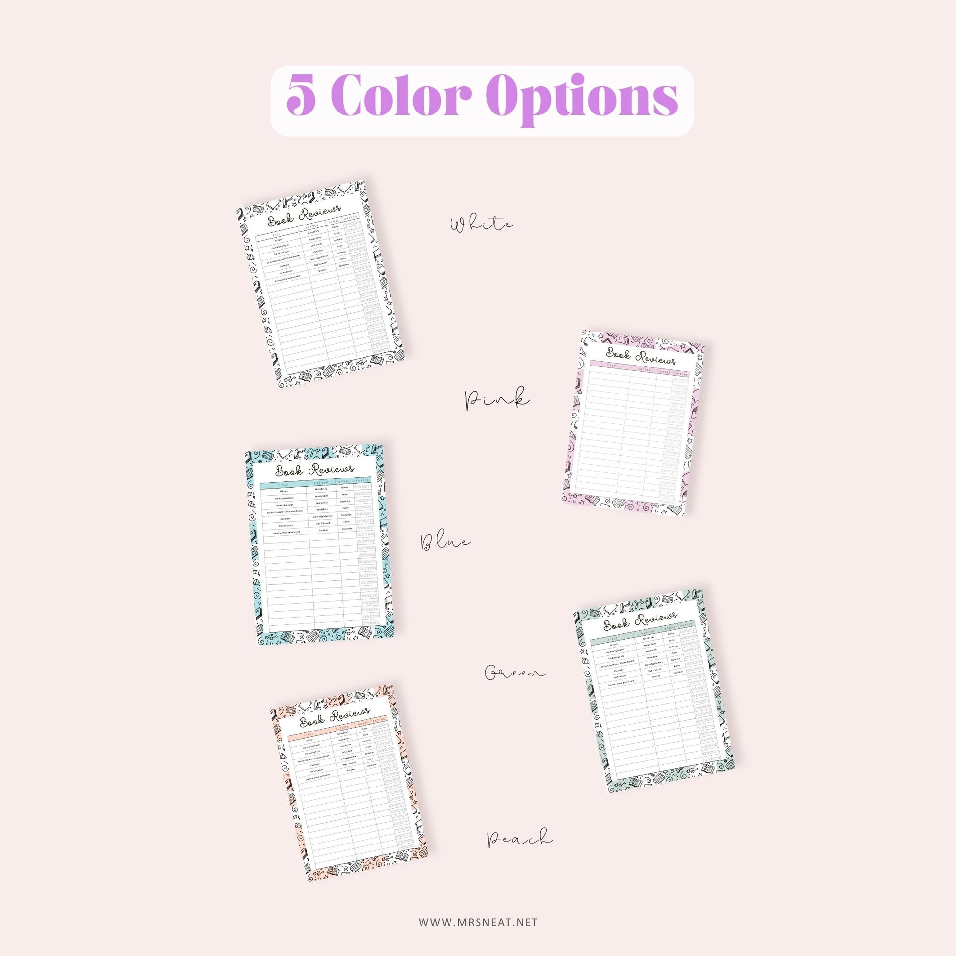 Rating Book List, Book Reviews Template Printable, 5 Colors, A4, A5, Letter, Half Letter, PDF Fillable, Digital Planner