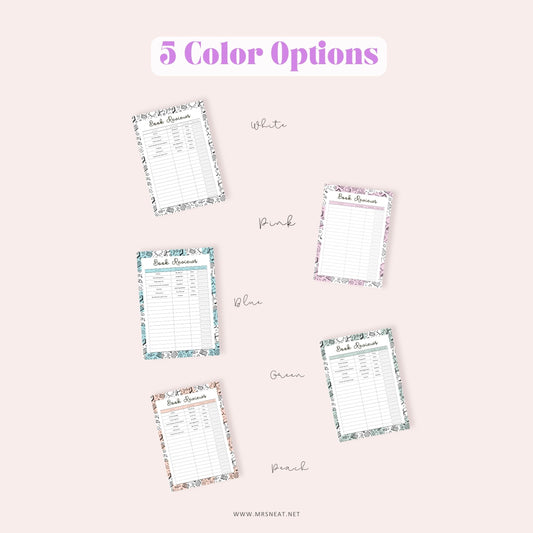 Rating Book List, Book Reviews Template Printable, 5 Colors, A4, A5, Letter, Half Letter, PDF Fillable, Digital Planner