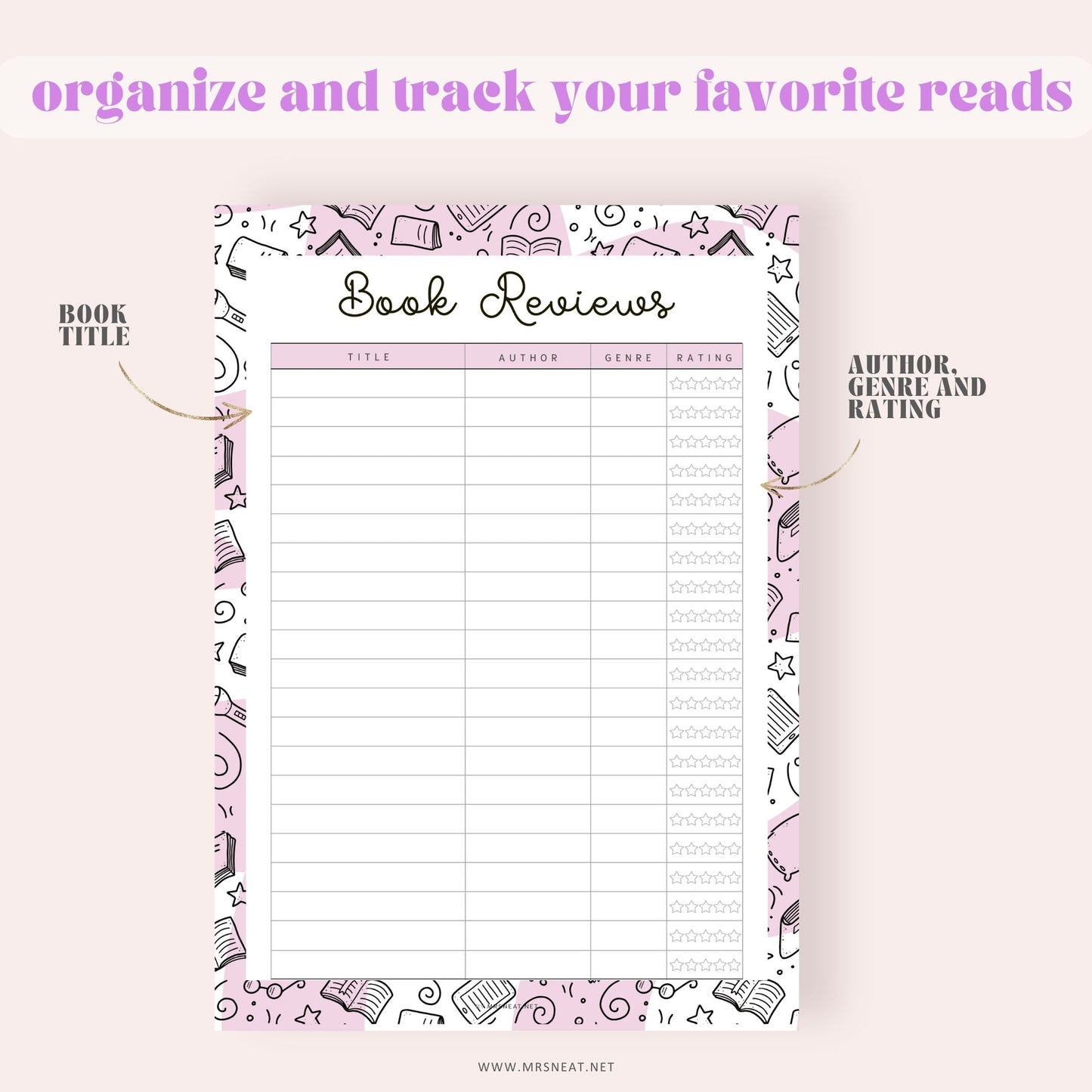 Rating Book List, Book Reviews Template Printable, 5 Colors, A4, A5, Letter, Half Letter, PDF Fillable, Digital Planner