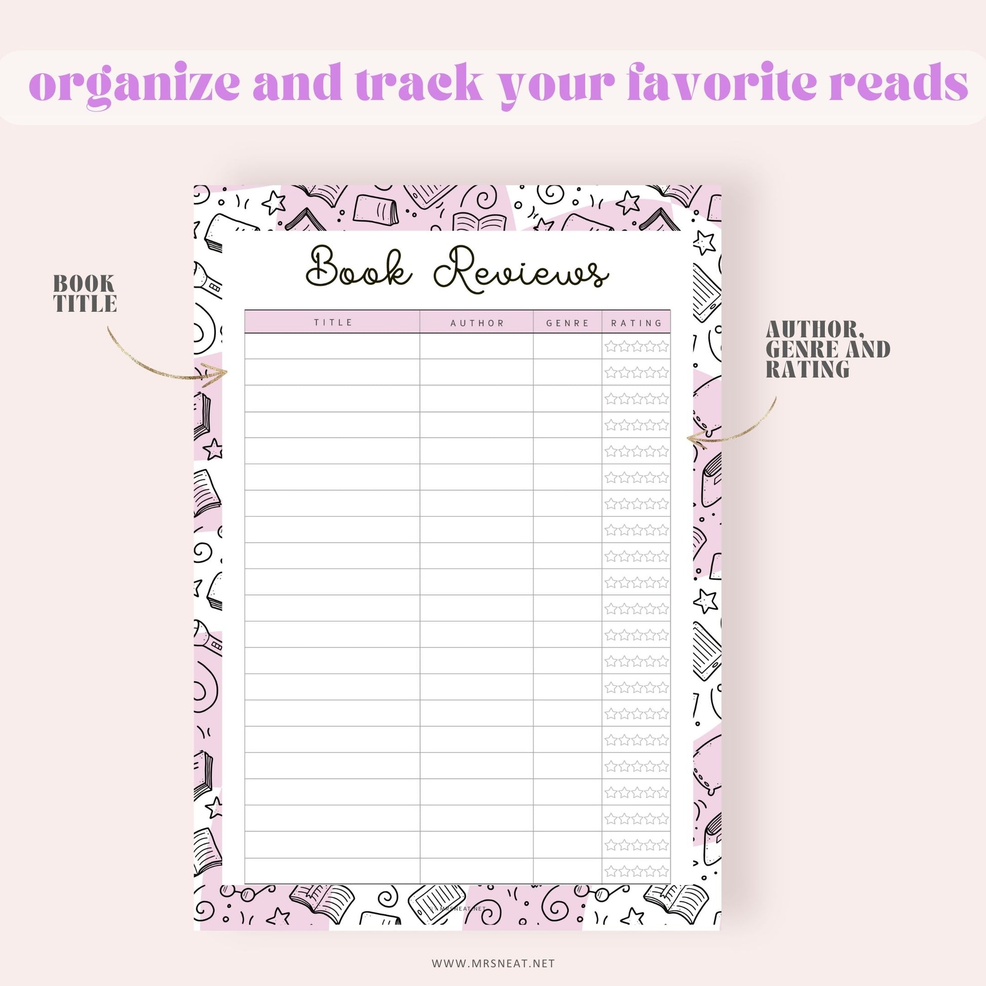 Rating Book List, Book Reviews Template Printable, 5 Colors, A4, A5, Letter, Half Letter, PDF Fillable, Digital Planner
