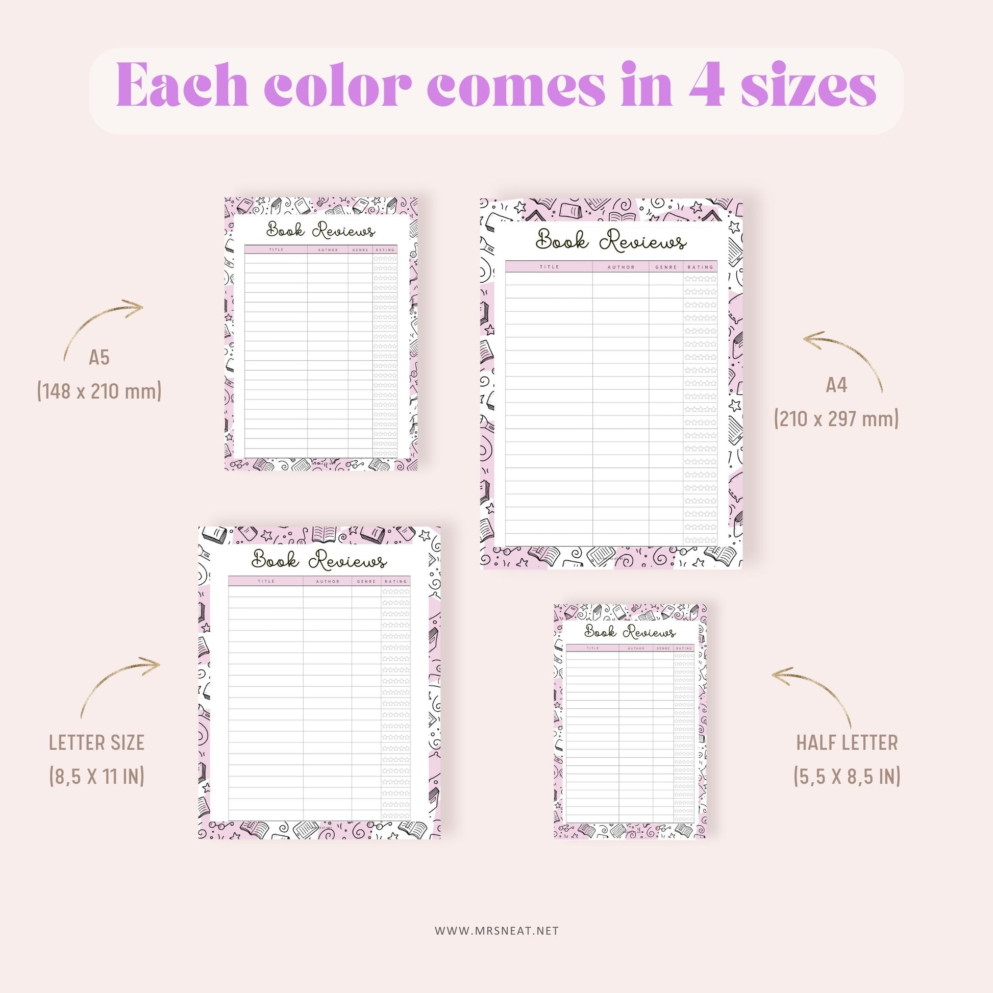 Rating Book List, Book Reviews Template Printable, 5 Colors, A4, A5, Letter, Half Letter, PDF Fillable, Digital Planner