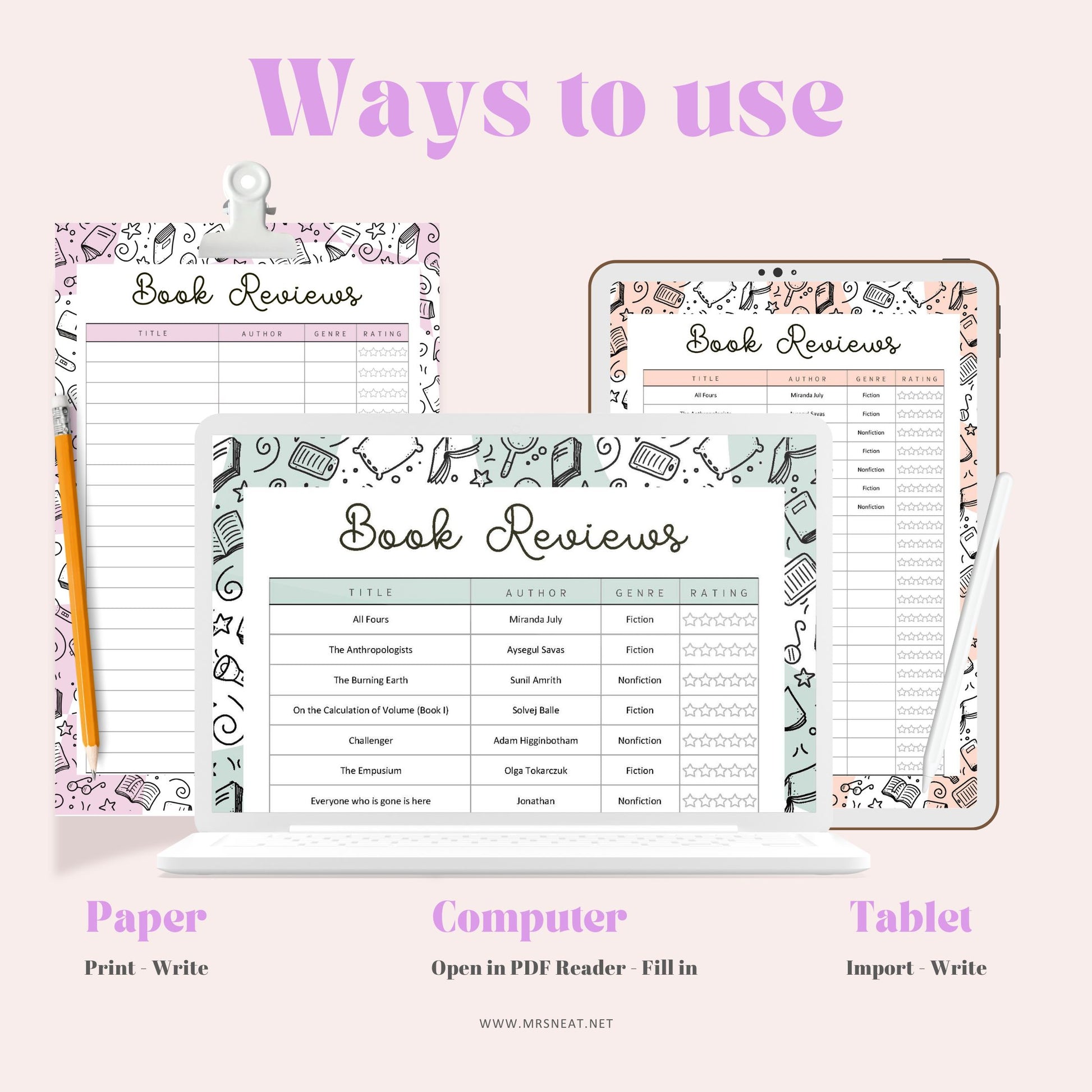 Rating Book List, Book Reviews Template Printable, 5 Colors, A4, A5, Letter, Half Letter, PDF Fillable, Digital Planner