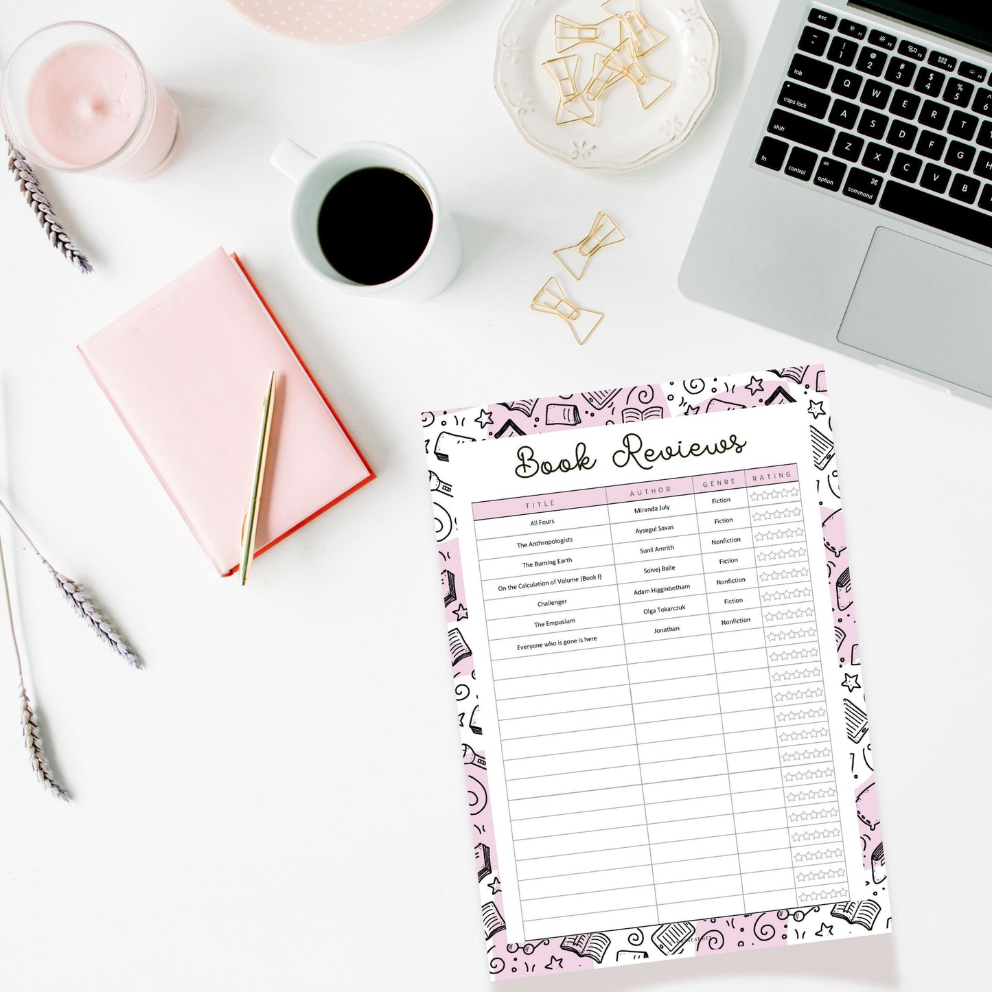 Rating Book List, Book Reviews Template Printable, 5 Colors, A4, A5, Letter, Half Letter, PDF Fillable, Digital Planner