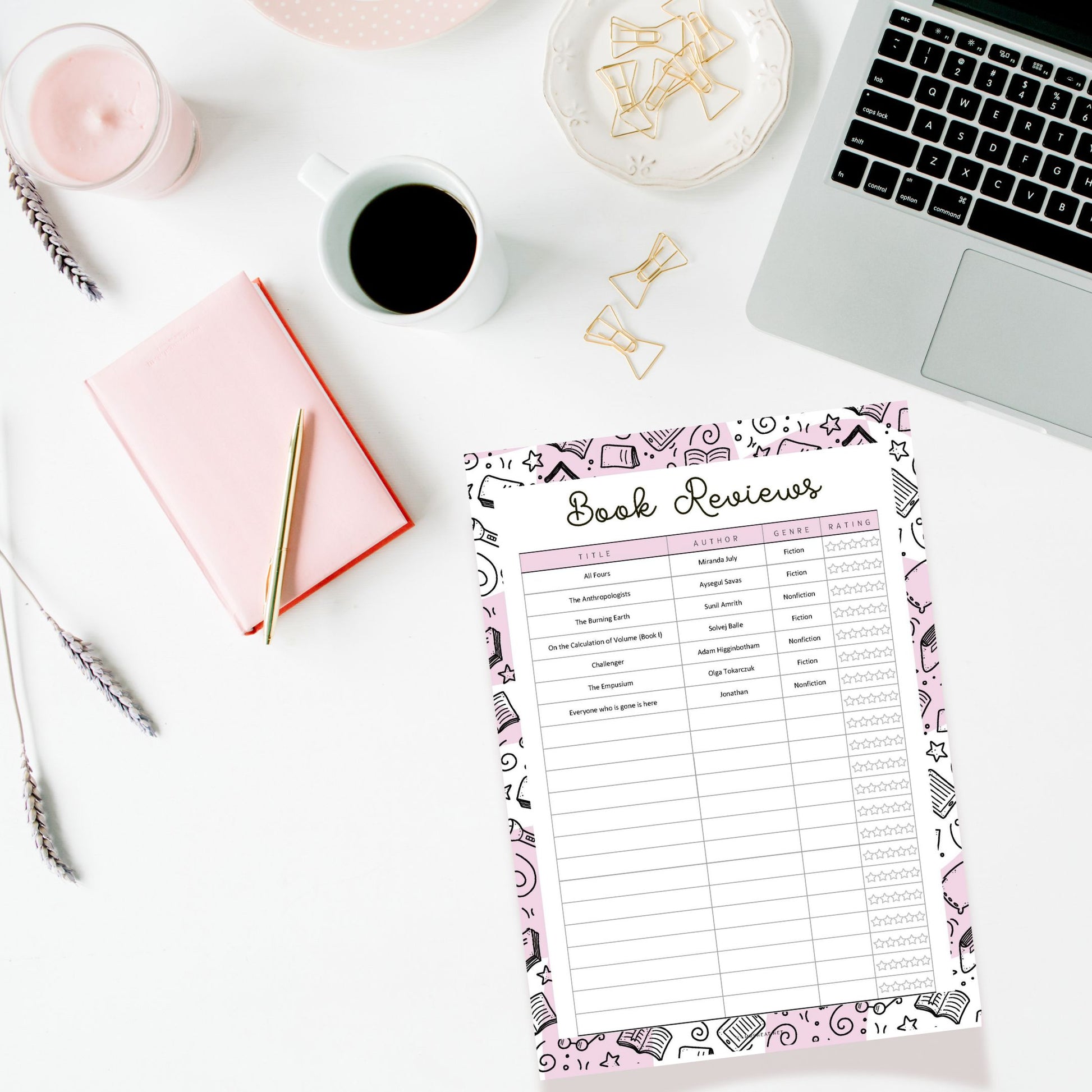 Rating Book List, Book Reviews Template Printable, 5 Colors, A4, A5, Letter, Half Letter, PDF Fillable, Digital Planner