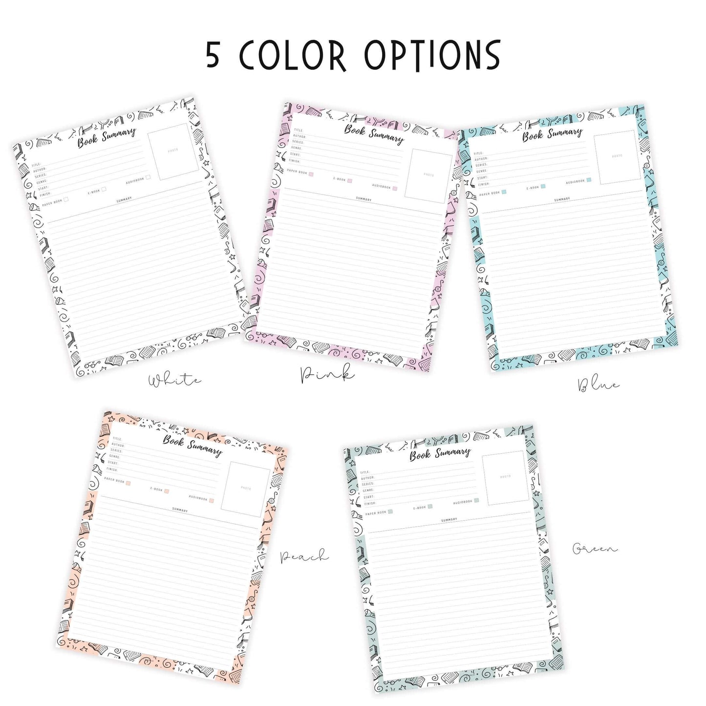 Book Summary Template Printable, 2 versions, 5 Colors, A4, A5, Letter, Half Letter, Digital Planner