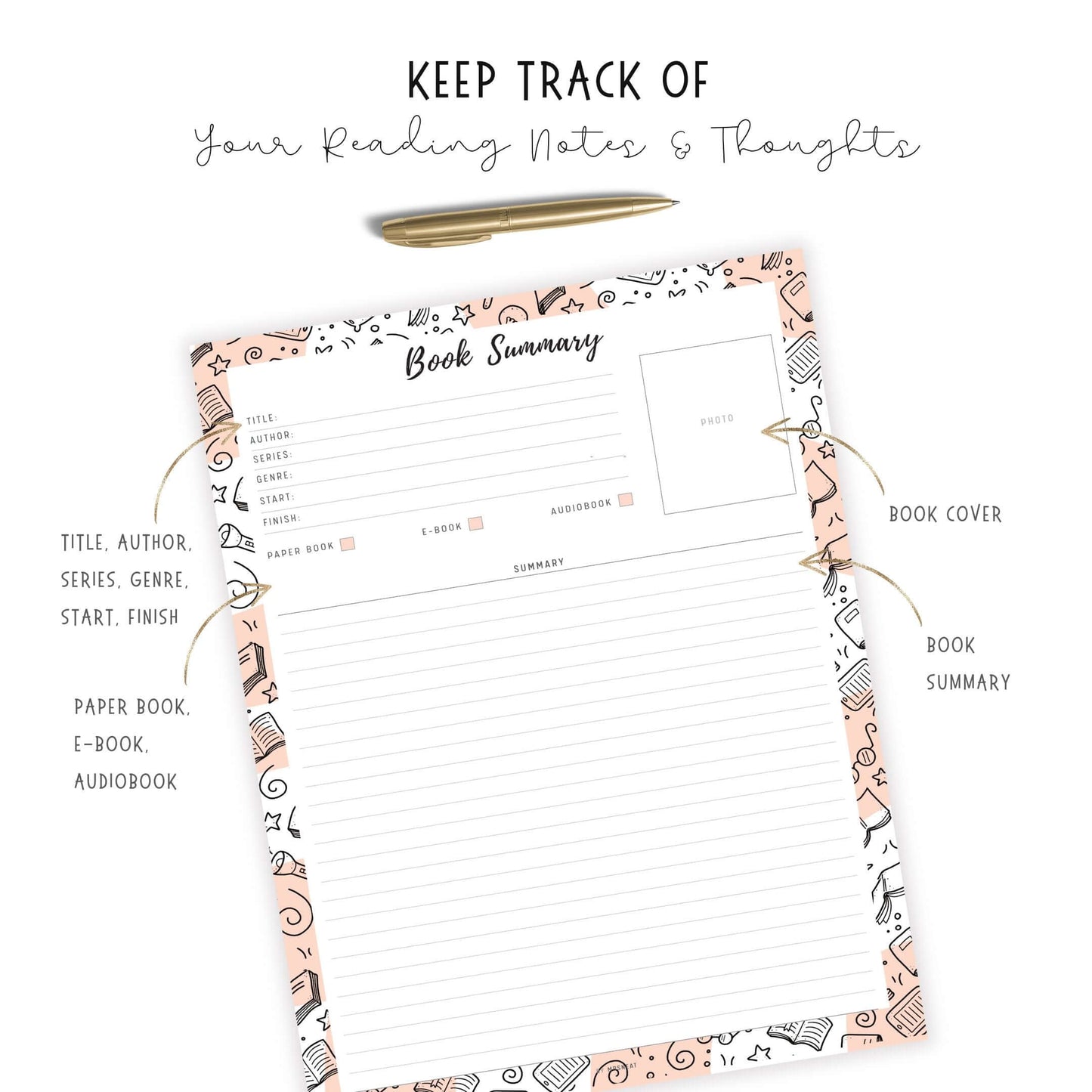 Book Summary Template Printable, 2 versions, 5 Colors, A4, A5, Letter, Half Letter, Digital Planner