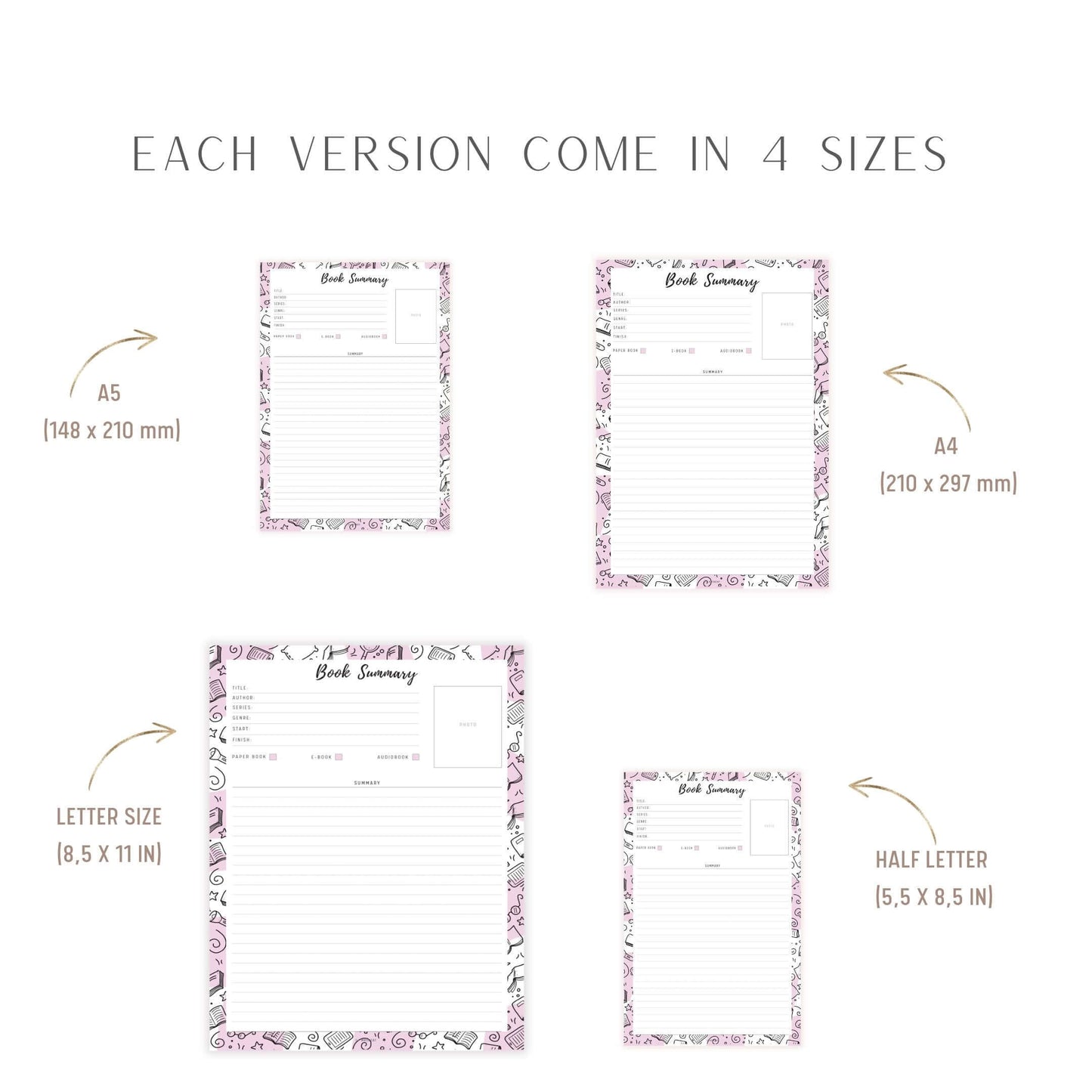 Book Summary Template Printable, 2 versions, 5 Colors, A4, A5, Letter, Half Letter, Digital Planner