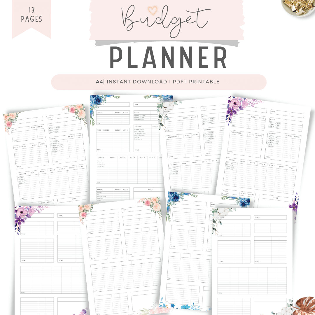 Fillable Budget Sheet Printable Planner, Budget Template, Paycheck Budget, Paycheck Tracker, Bi Weekly Budget, Weekly Budget, 4 Colors, 3 versions, A4, Digital Planner, Printable Planner, 13 Pages, Floral Theme
