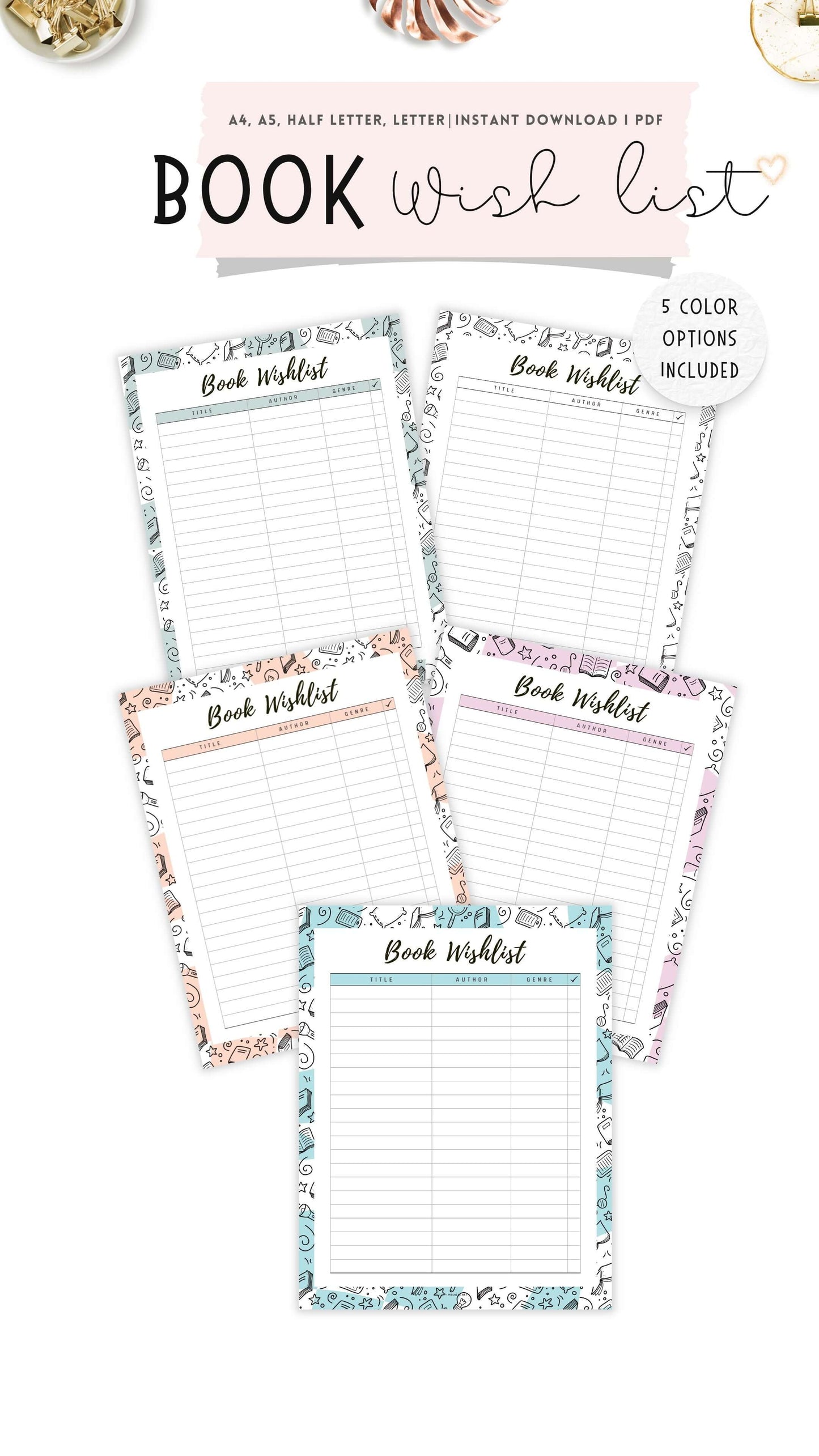 Colorful Book Wishlist Template Printable, 5 colors : Peach, Green, Blue, Pink and Neutral, A4, A5, Letter, Half Letter, Digital Planner