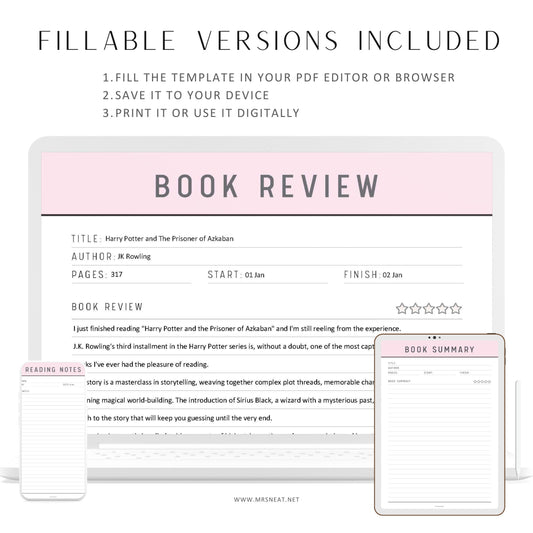 Fillable Book Review Template, Book Summary Printable, Reading Notes Pages, Reading Journal Pages, Reading Planner, 7 colors, 3 pages, PDF