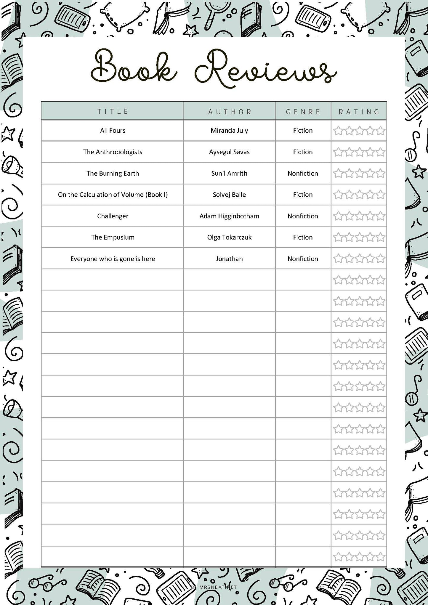 Rating Book List, Book Reviews Template Printable, 5 Colors, A4, A5, Letter, Half Letter, PDF Fillable, Digital Planner
