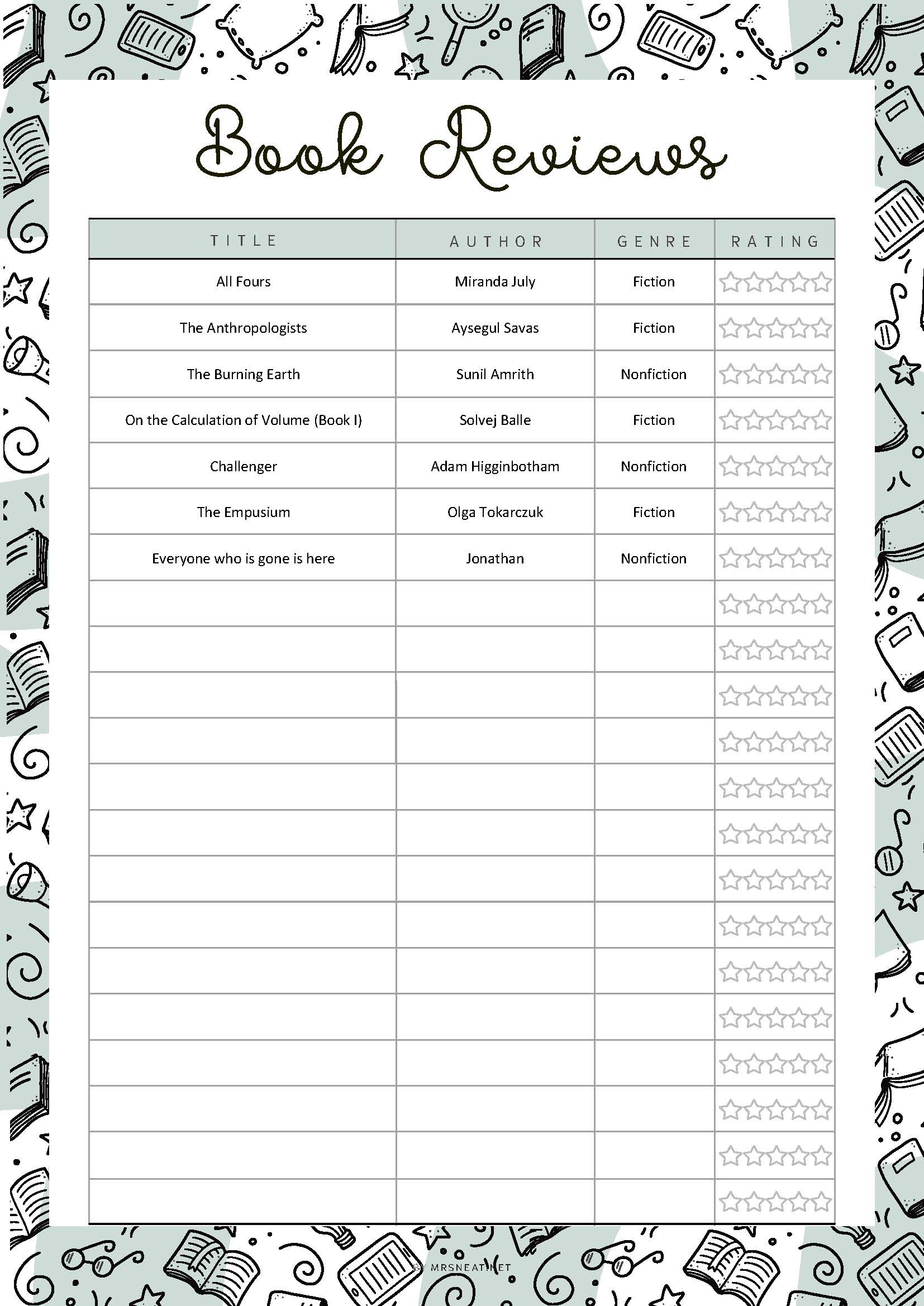 Rating Book List, Book Reviews Template Printable, 5 Colors, A4, A5, Letter, Half Letter, PDF Fillable, Digital Planner