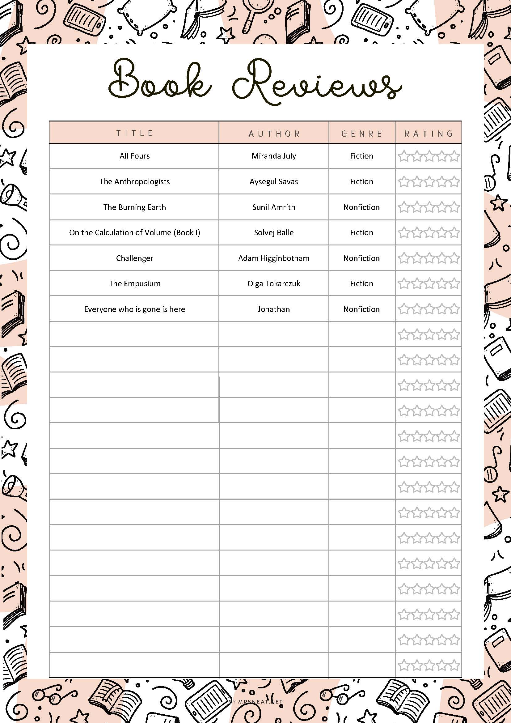 Rating Book List, Book Reviews Template Printable, 5 Colors, A4, A5, Letter, Half Letter, PDF Fillable, Digital Planner