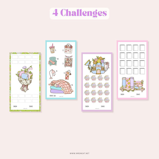 4 challenges Kawaii Bookish Savings Challenge for Book Lovers Low Income Budget Tracker A6 size Digital Download