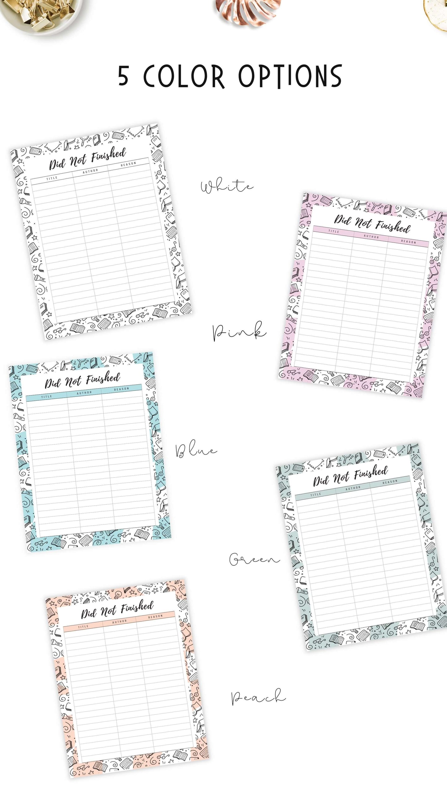 Books I Did Not Finished Template Printable, 5 colors : Blue, Neutral, Green, Pink, Peach, 4 sizes : A4, A5, Letter, Half Letter, Digital Planner