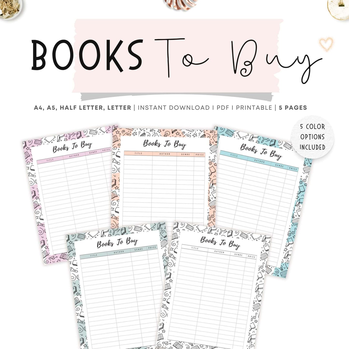 Books To Buy Template Printable, Pink, Peach, Blue, Green, Neutral, A4, A5, Letter, Half Letter, Digital Planner