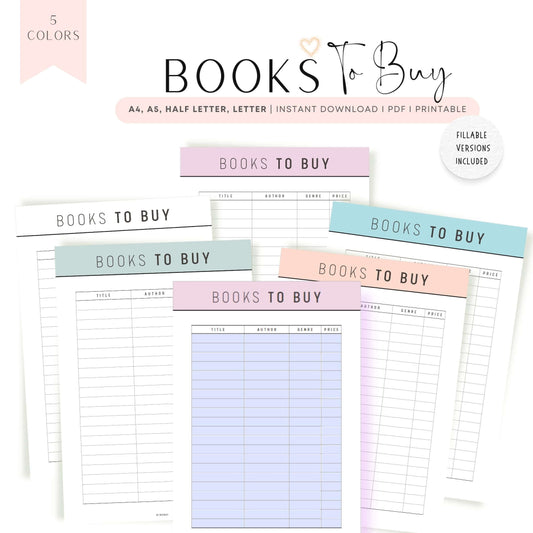 Books To Buy Template Printable Planner, Digital Book Planner, Fillable Book Planner, Printable Book Planner Inserts, A4, A5, Letter, Half Letter, 5 color options, Beautiful and Colorful Page
