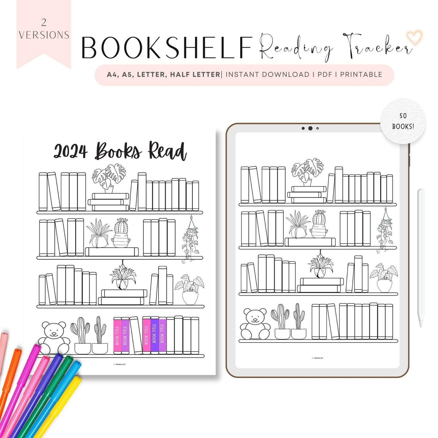 Bookshelf Reading Tracker Printable - 50 Books