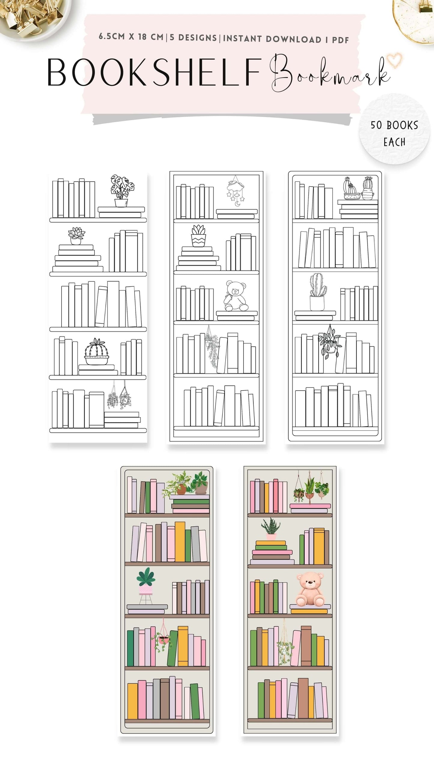 Printable Bookshelf Bookmark 5 Designs, Colors and Neutral Theme, 50 Books Each