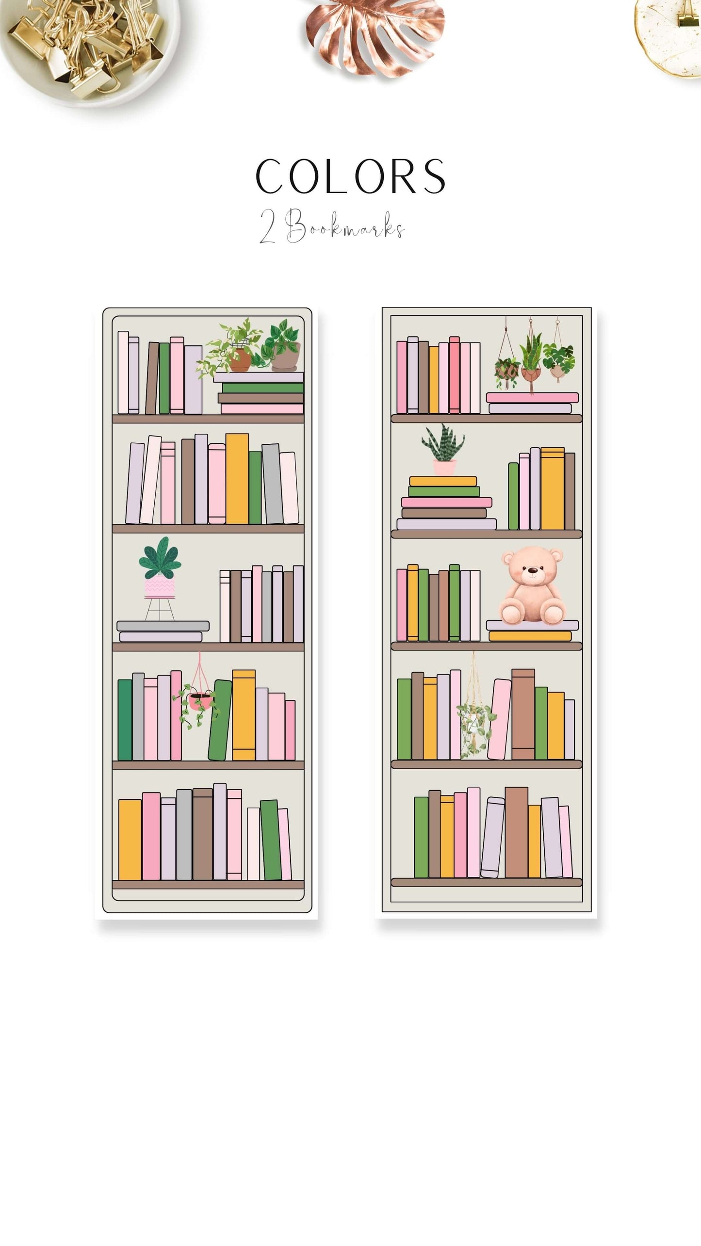 Printable Bookshelf Bookmark 5 Designs, Colors and Neutral Theme, 50 Books Each