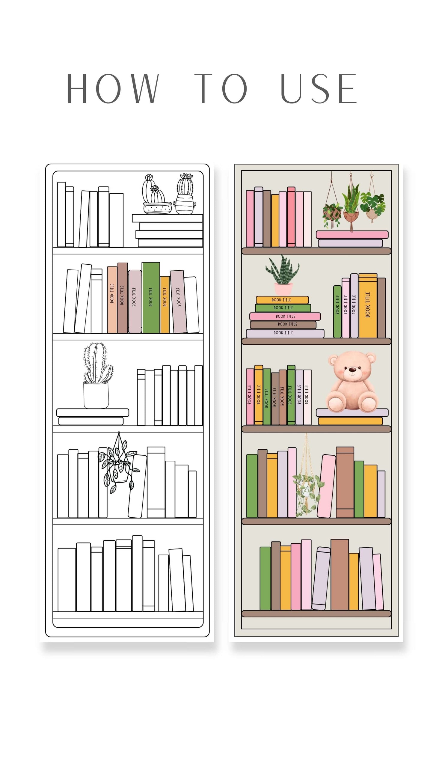Printable Bookshelf Bookmark 5 Designs, Colors and Neutral Theme, 50 Books Each