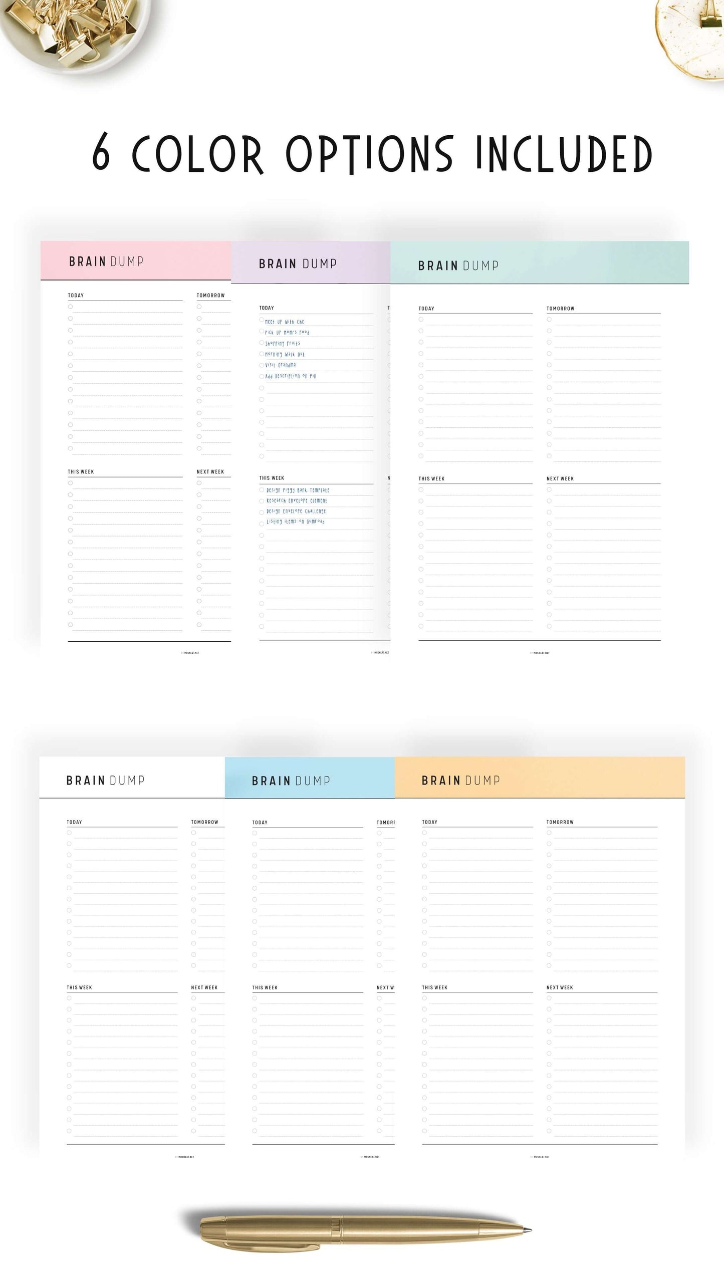 6 colors Brain Dump Template PDF