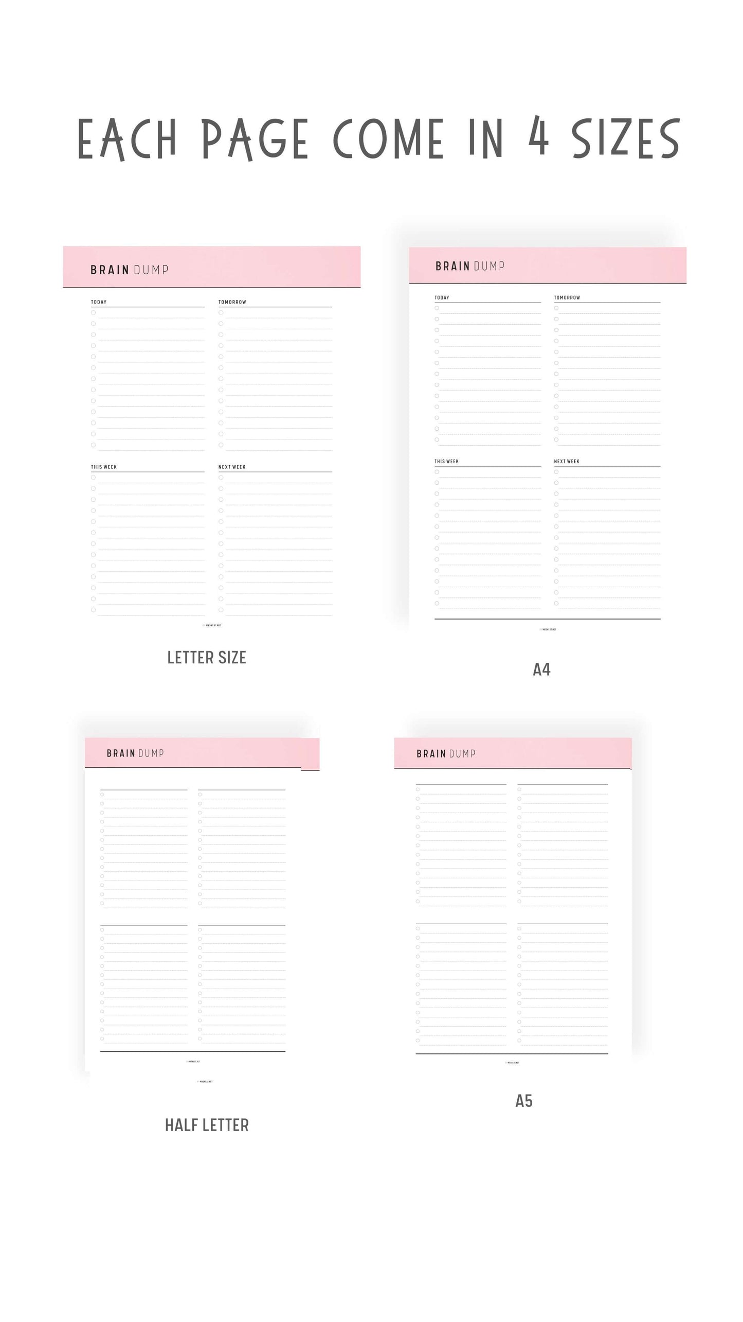 A4, A5, Letter, Half Letter Brain Dump Template PDF