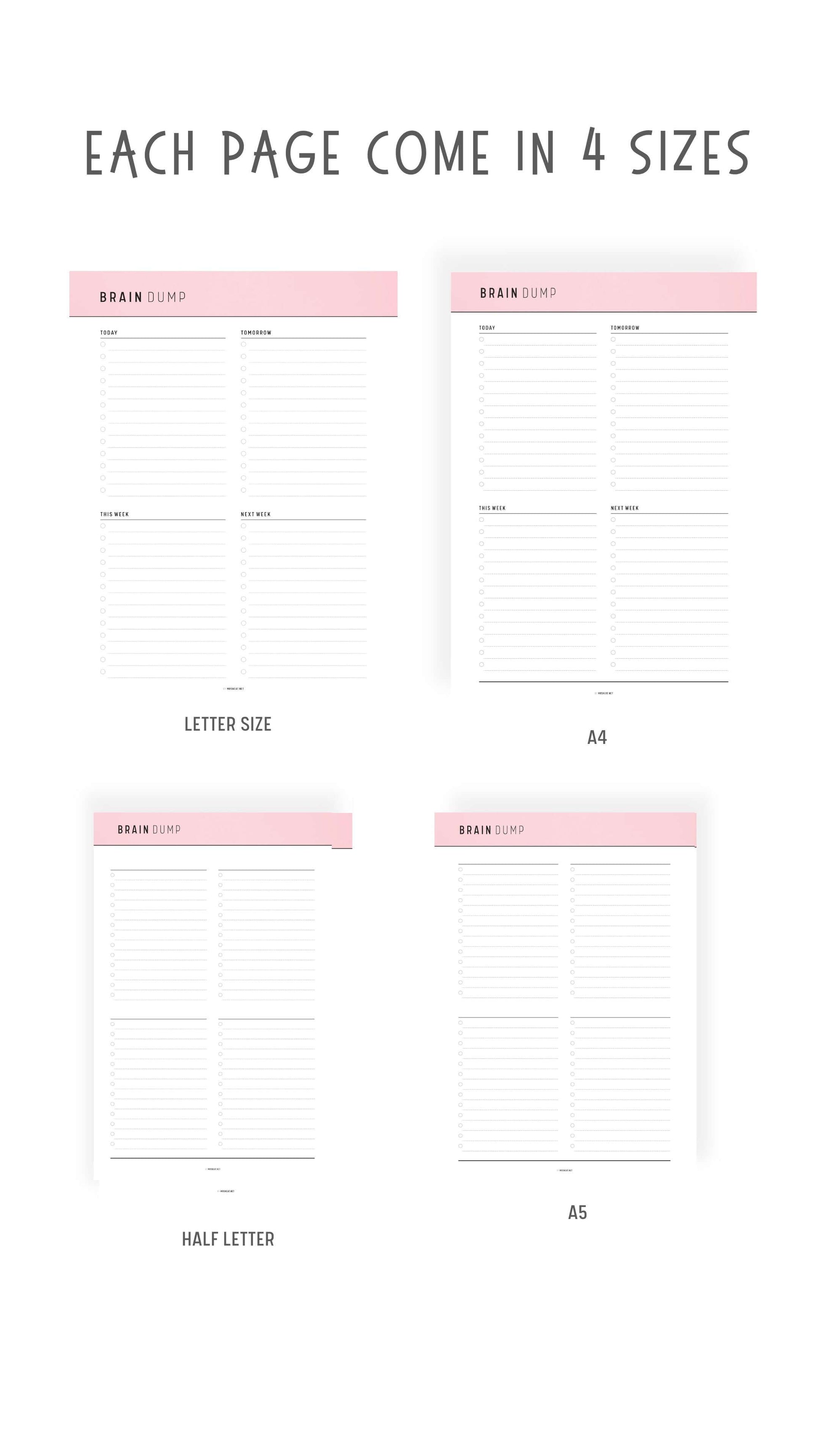 A4, A5, Letter, Half Letter Brain Dump Template PDF