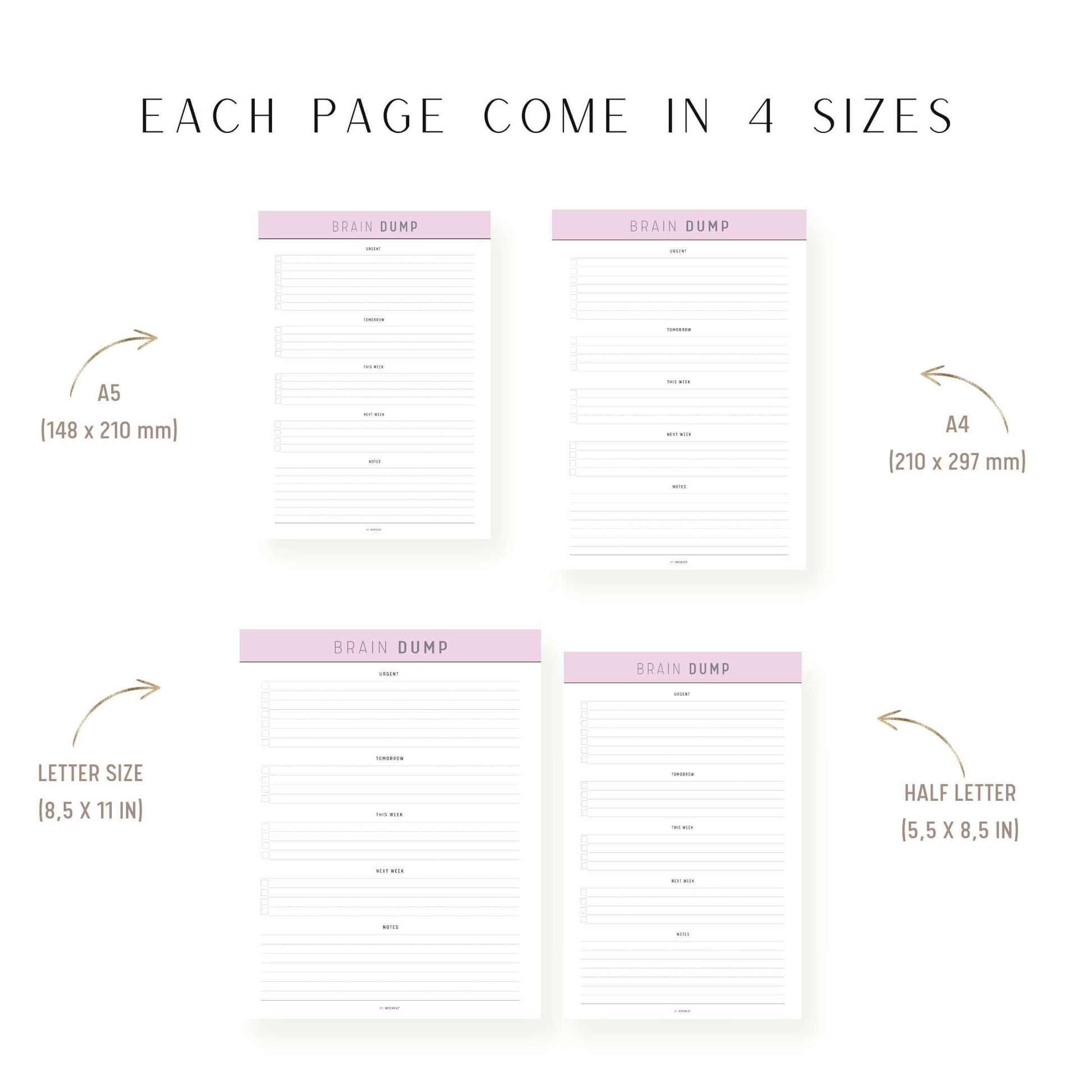 A4, A5, Letter, Half Letter Brain Dump Template PDF