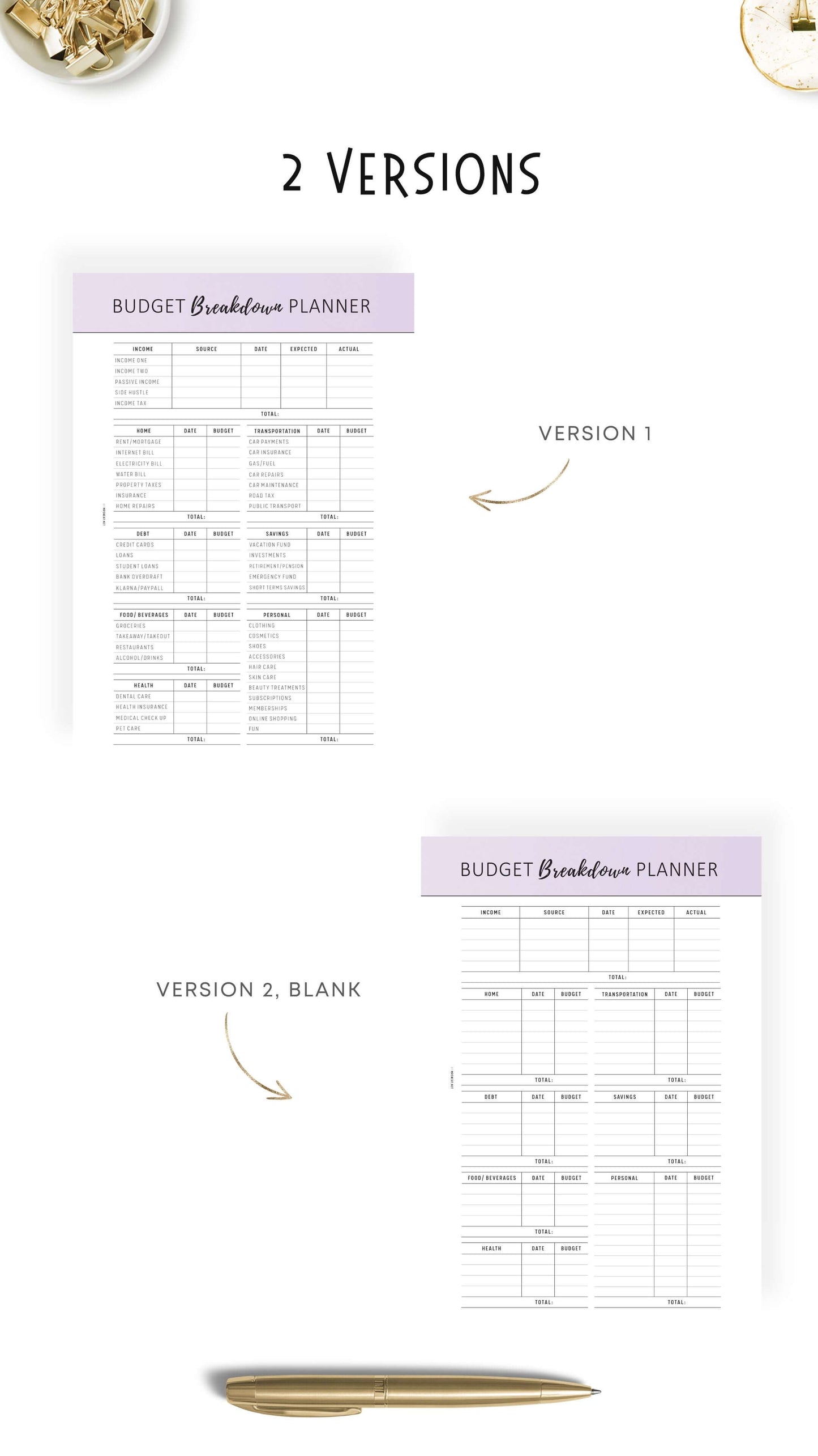 2 versions of Budget Breakdown Planner Template